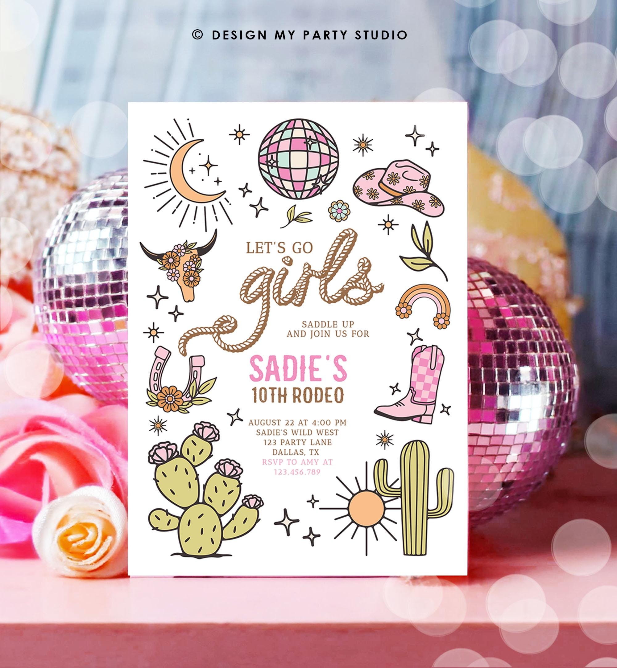 Editable Let's Go Girls Birthday Invitation Disco Rodeo Hot Pink Cowgirl Western Space Cowgirl Invite Download Printable Template Evite 0519