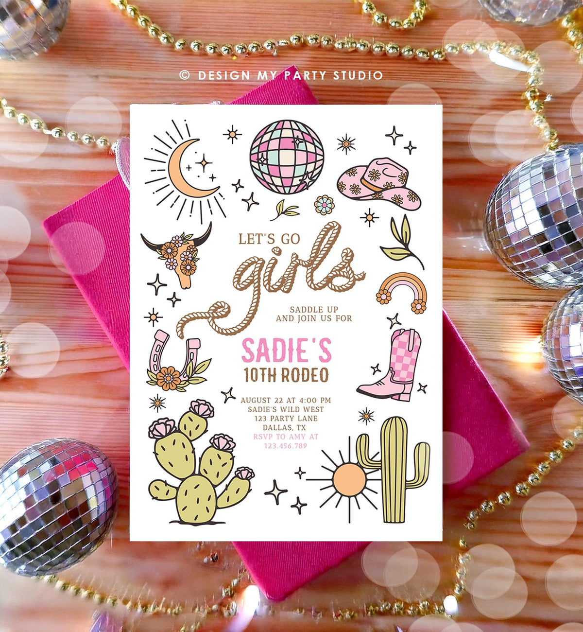 Editable Let&#39;s Go Girls Birthday Invitation Disco Rodeo Hot Pink Cowgirl Western Space Cowgirl Invite Download Printable Template Evite 0519