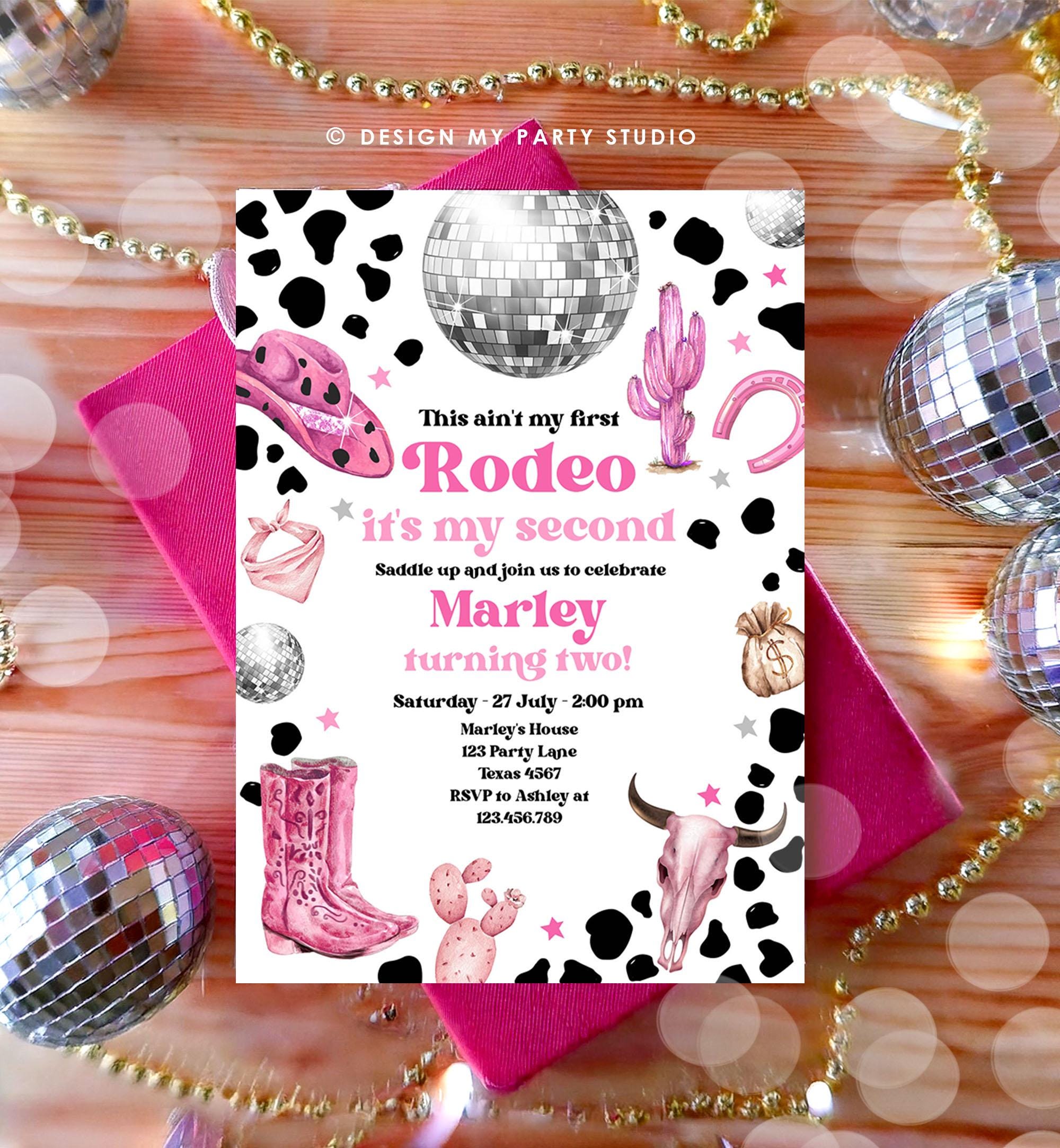 Editable Second Rodeo Birthday Invitation Space Cowgirl Disco 2nd Rodeo Pink Girl Cowgirl Ranch Party Download Printable Template Evite 0455