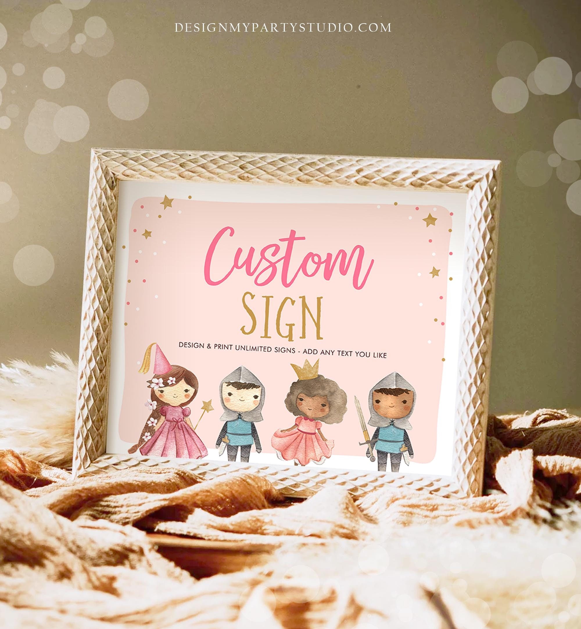 Editable Princess and Knights Custom Sign Princess Knights Birthday Party Pink Gold Boy Girl Decorations Download Template Printable 0171