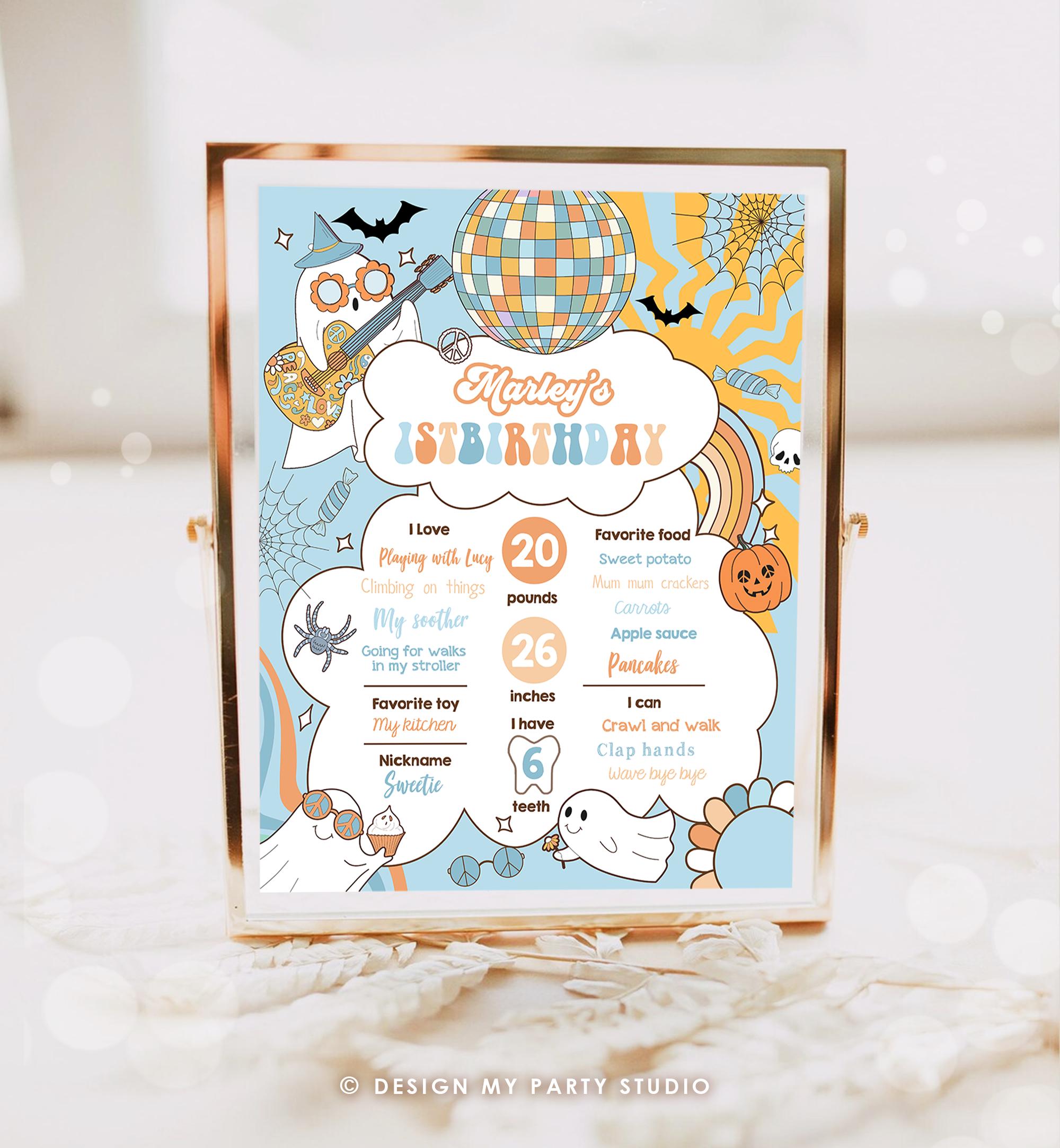 Editable Groovy Retro Halloween Birthday Milestones Sign Boy Rainbow Spooky Flower Power 70's Sun 1st Party Digital Template Printable 0471