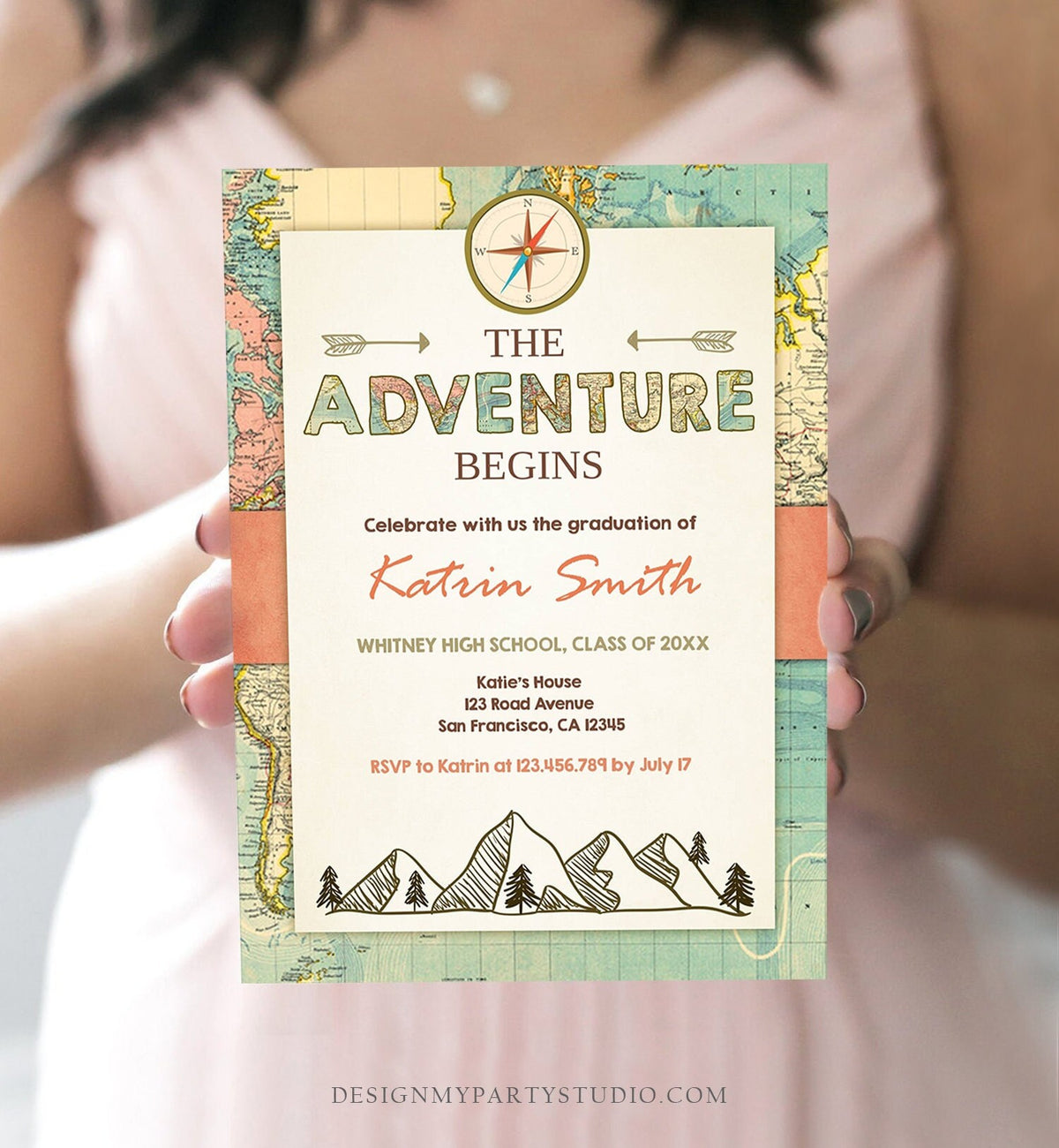 Editable Adventure Begins Graduation Party Invitation Woodland Vintage Travel College High School Grad Digital Template Printable 0044