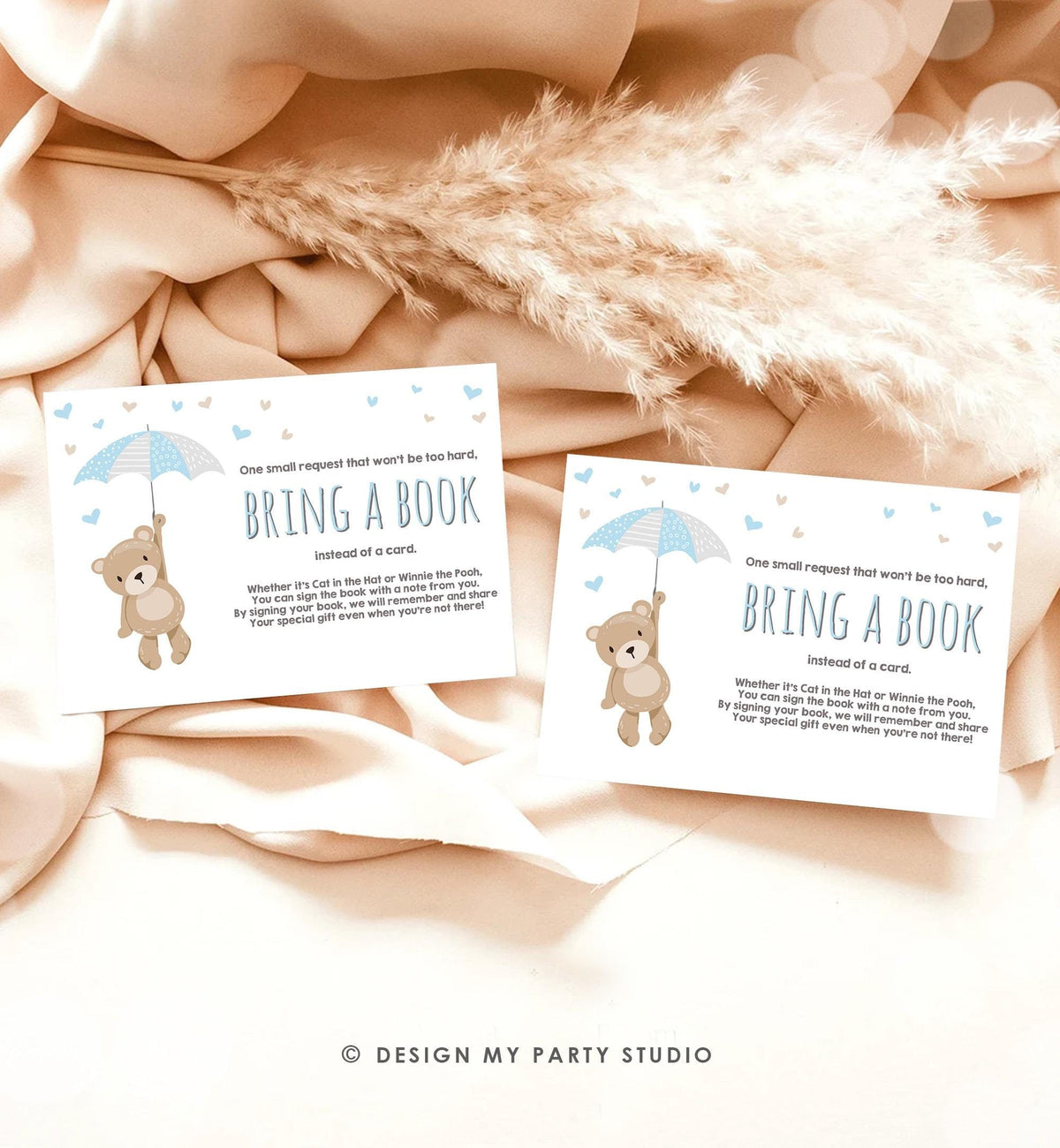 Baby shower Bring a book card Teddy bear Boy Baby shower Teddy bear Book insert Book card Teddy bear Bring a book Blush Blue PRINTABLE 0025