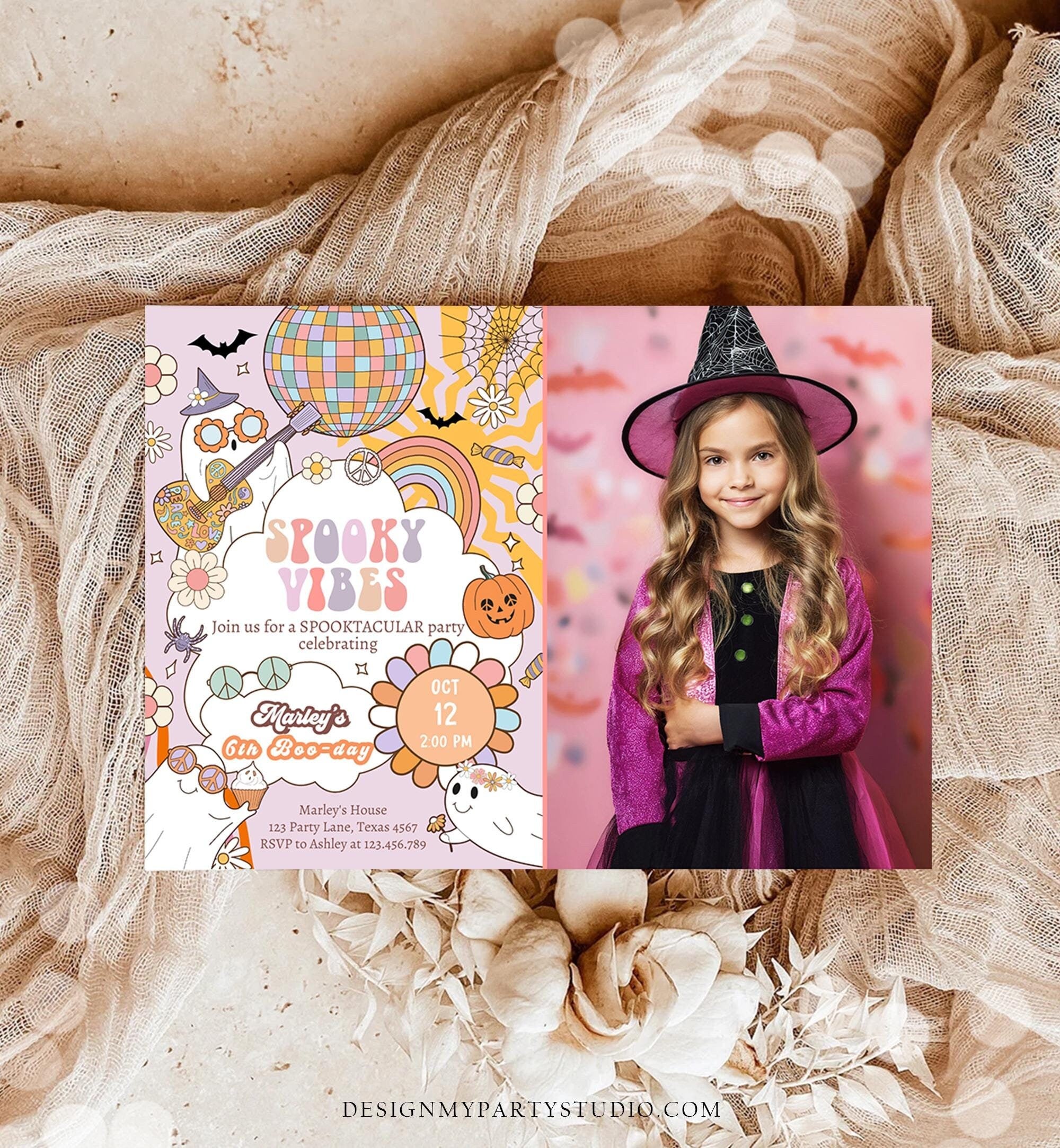 Editable Groovy Halloween Birthday Invitation Pink Spooky Vibes Ghost Party Girl Spooktacular Digital Download Evite Template Printable 0471