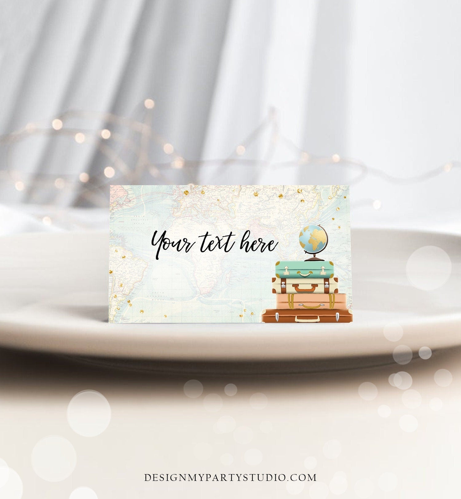 Editable Travel Adventure Food Labels Place Card Tent Card Escort Card Bridal Shower Suitcases Gold Confetti Digital Template Printable 0263