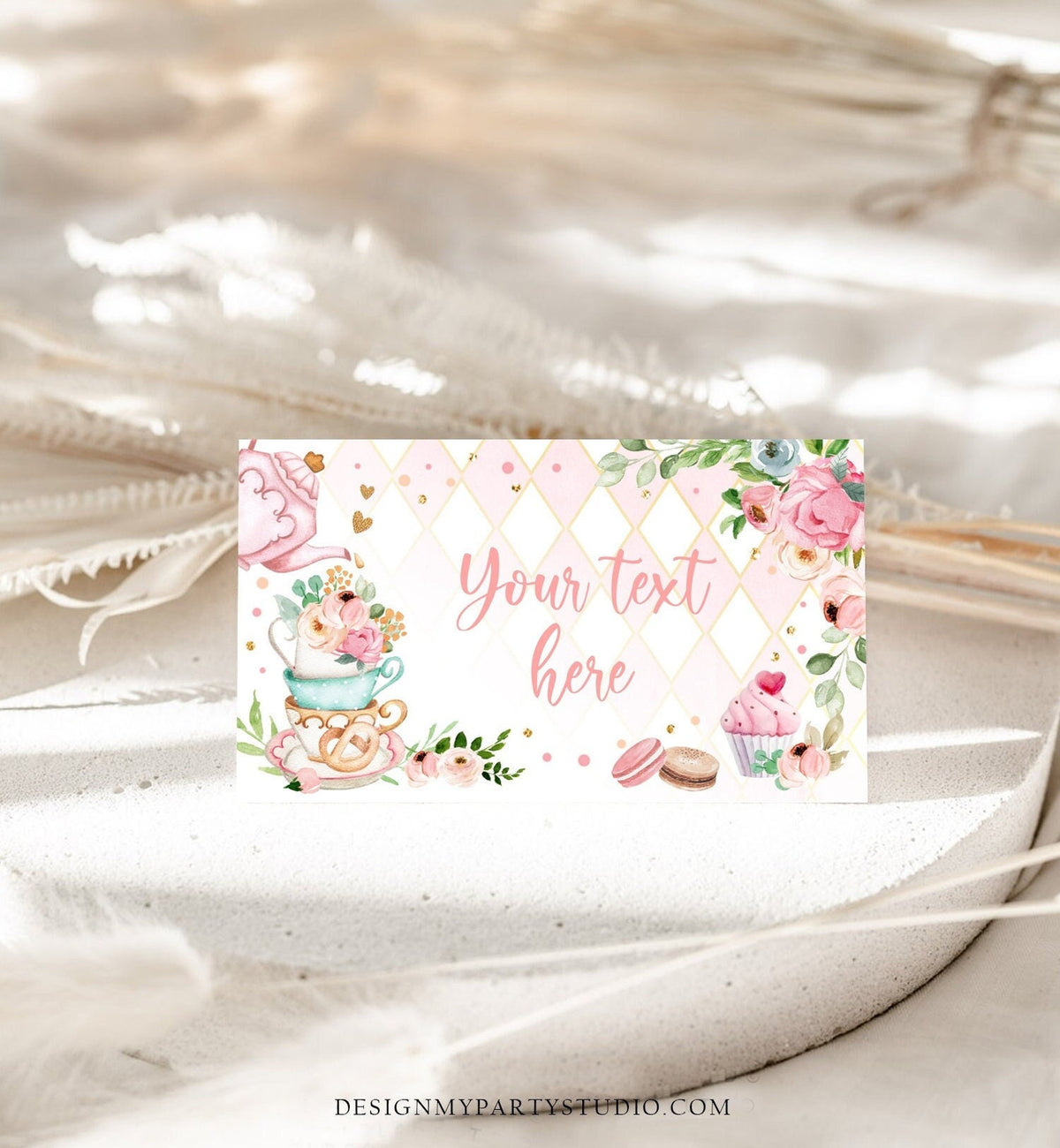 Editable Tea Party Food Label Tea Place Card Tent Card Escort Card Par-Tea Tea for Two Decor Girl Floral Pink Template Printable 0349