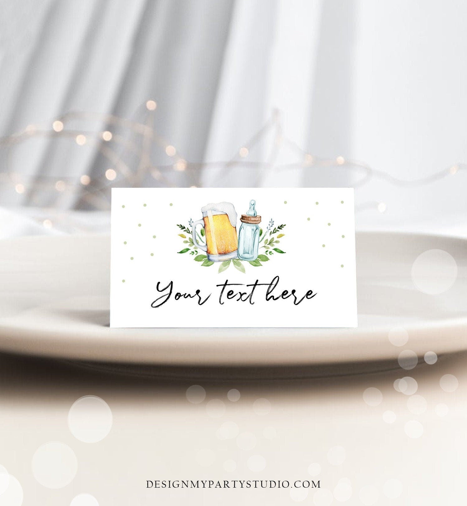 Editable Baby is Brewing Food Labels Tent Place Card Escort Card Gender Neutral Greenery Brewing Baby Shower Digital Template Printable 0190