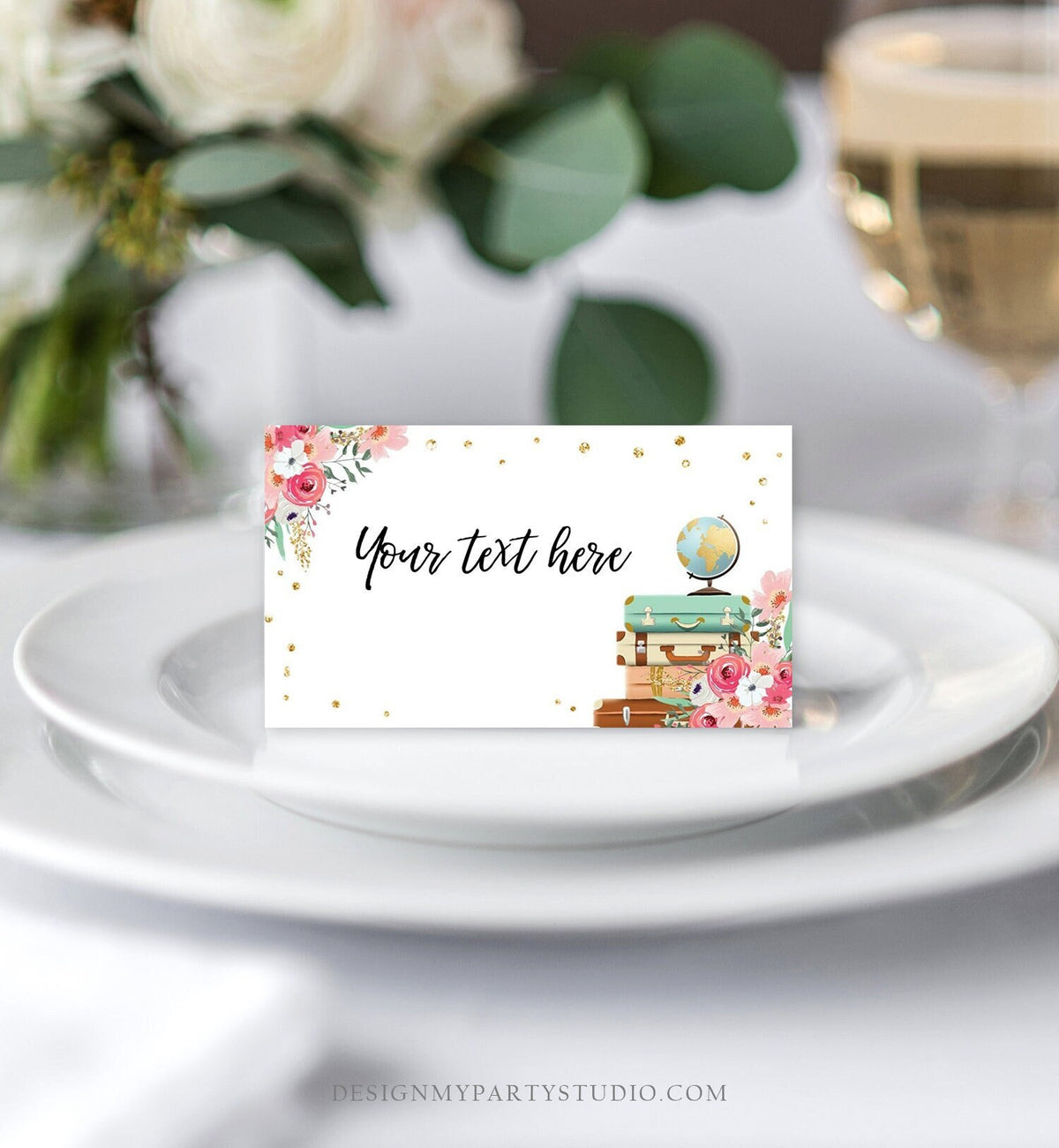 Editable Travel Adventure Food Labels Place Card Tent Card Escort Card Bridal Shower Pink Floral Digital Download Template Printable 0030