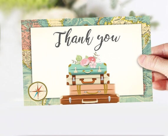 Travel Thank You Card Adventure Thank You Note 4x6&quot; Bridal Shower Pink Gold Flowers Floral Globe Confetti Instant Download Printable 0044