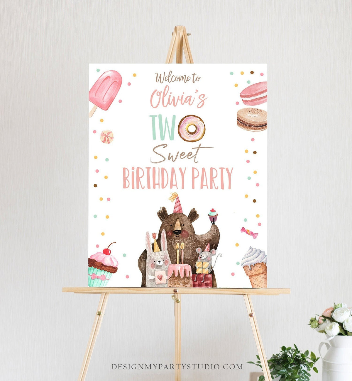 Editable Two Sweet Birthday Welcome Sign Donut Birthday Welcome Girl 2nd Birthday Candy Land Party Animals Template PRINTABLE Corjl 0373