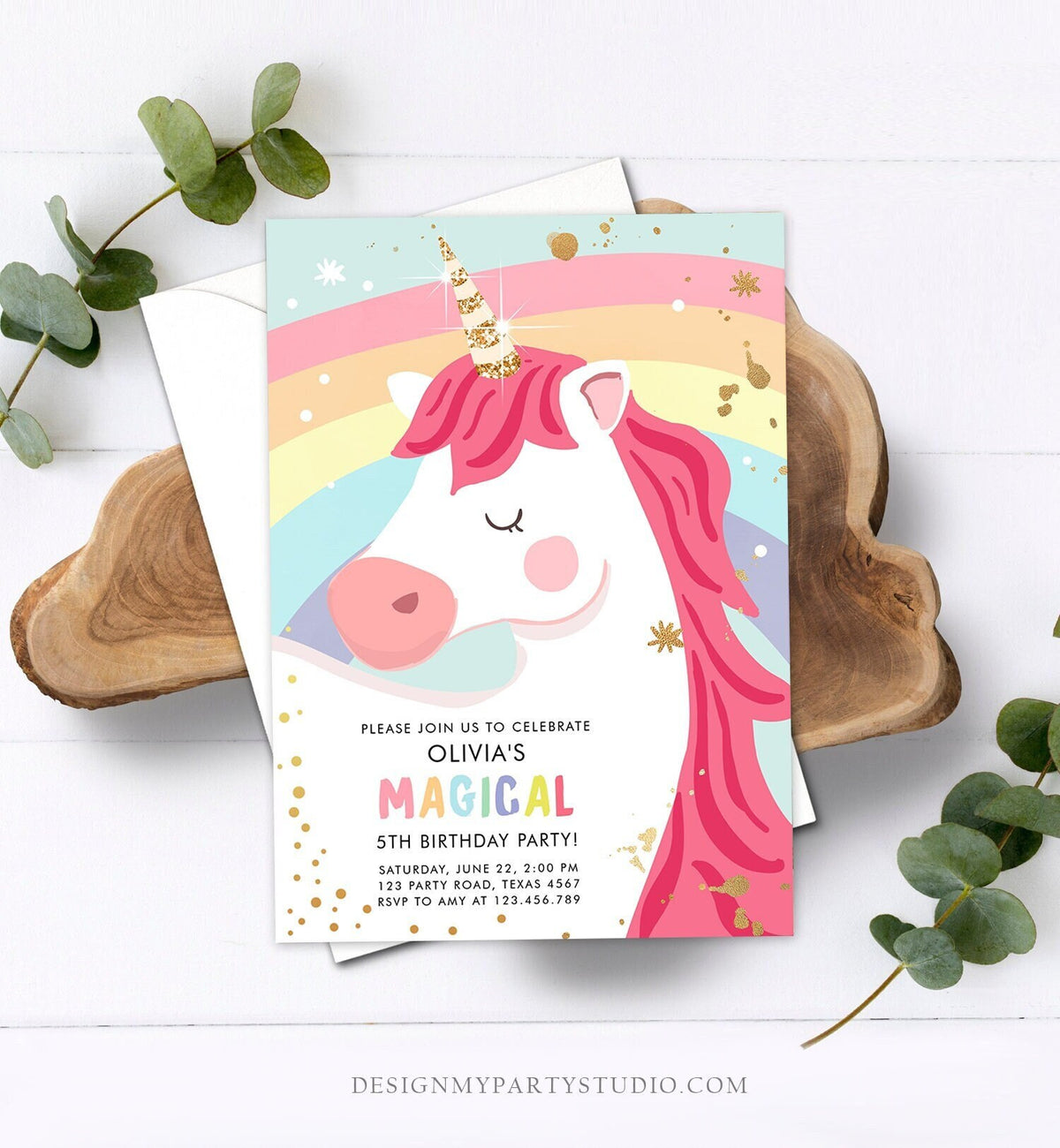 Editable Unicorn Birthday Invitation Unicorn Party Girl Pink Gold Magical Unicorn Rainbow Digital Download Evite Template Printable 0323