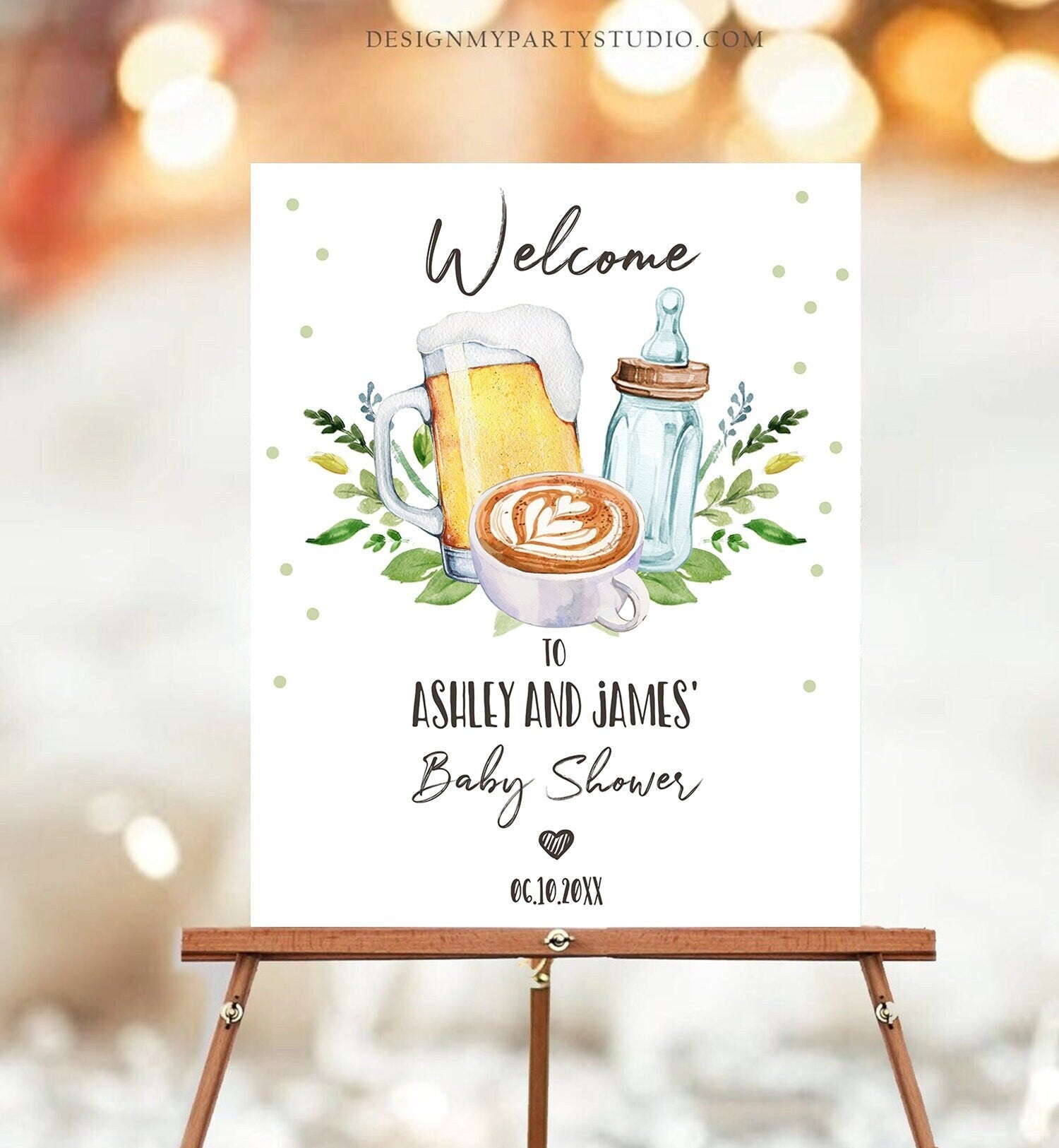 Editable A Baby is Brewing Welcome Sign Brewing Baby Shower Bottle and Beers Coed Couples Cappuccino Coffee Neutral Template Printable 0190