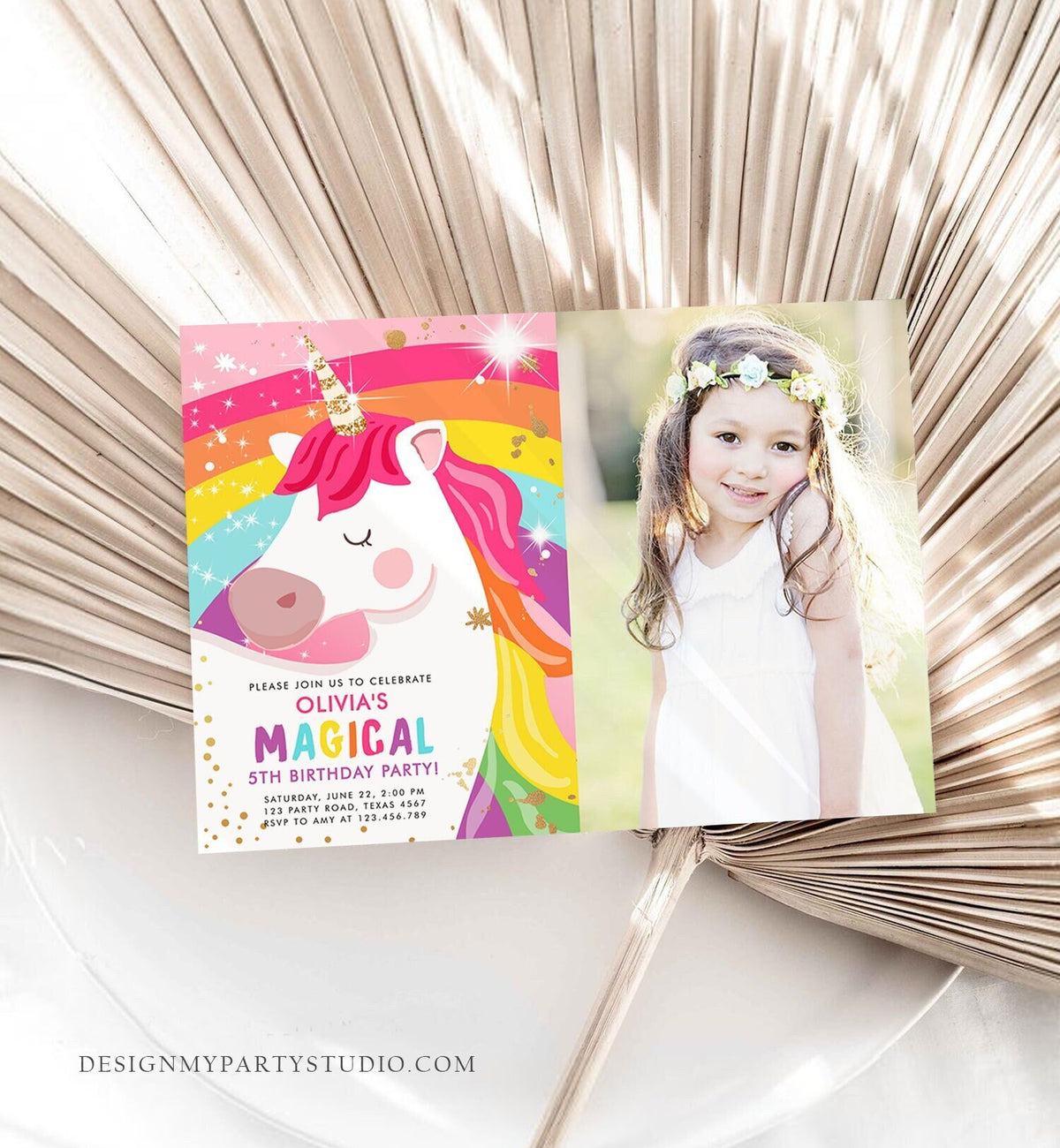 Editable Unicorn Birthday Invitation Magical Unicorn Party Girl Pink Gold Unicorn Invite Rainbow Digital Download Template Printable 0323