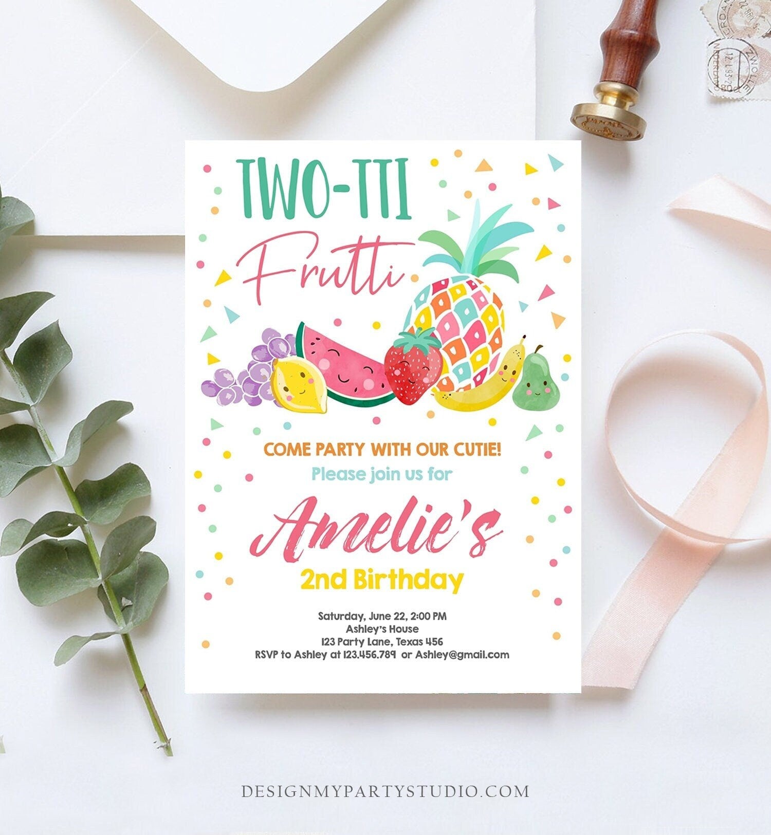 Editable Twotti Frutti 2nd Birthday Invitation Two-tti Fruiti Fruit Invite Tropical Summer Digital Download Template Printable 0139