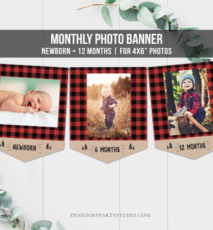 Lumberjack First Birthday Banner Monthly Photo Banner Buffalo Plaid Party Decor Instant Download Printable DIY Digital 0026