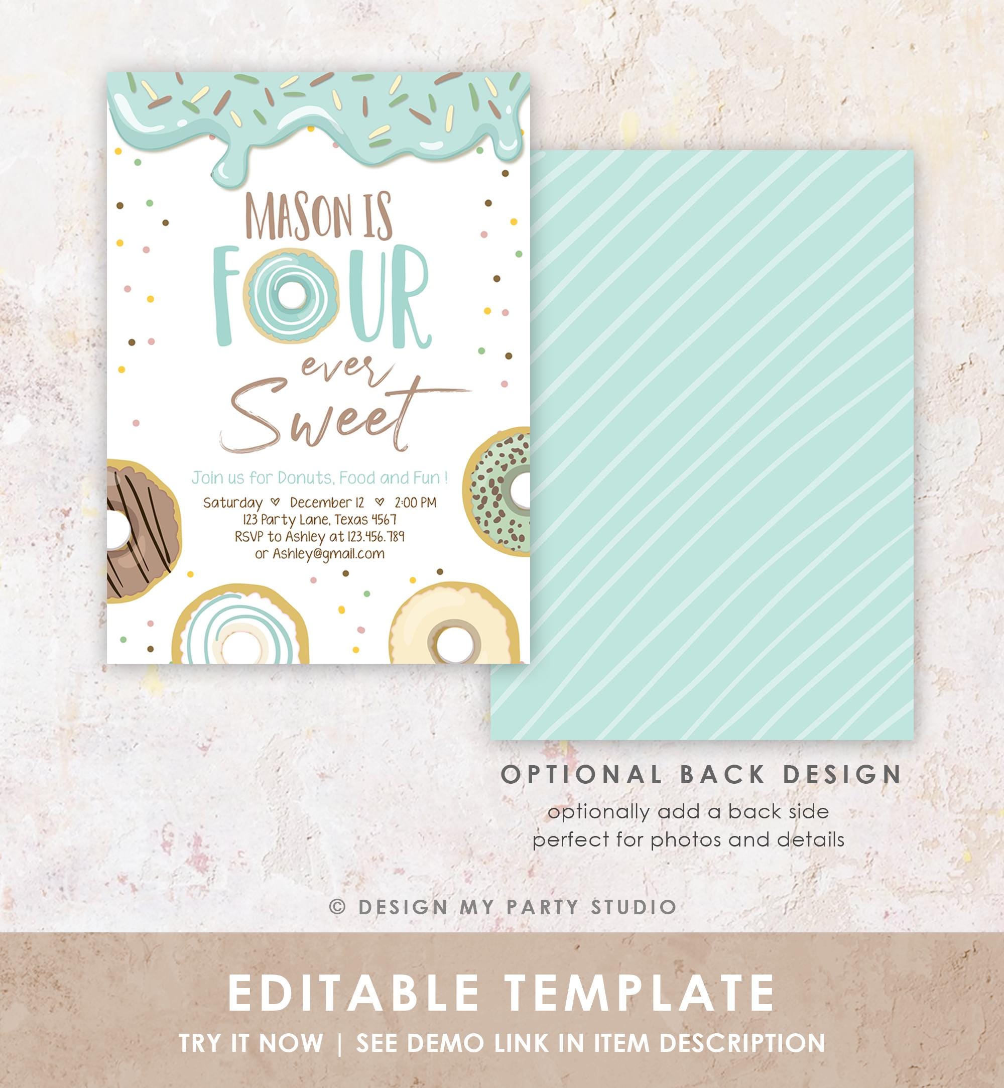 Editable Donut Four Ever Sweet Birthday Invitation 4th Birthday Party Blue Boy Doughnut Four Digital Download Evite Template Printable 0320