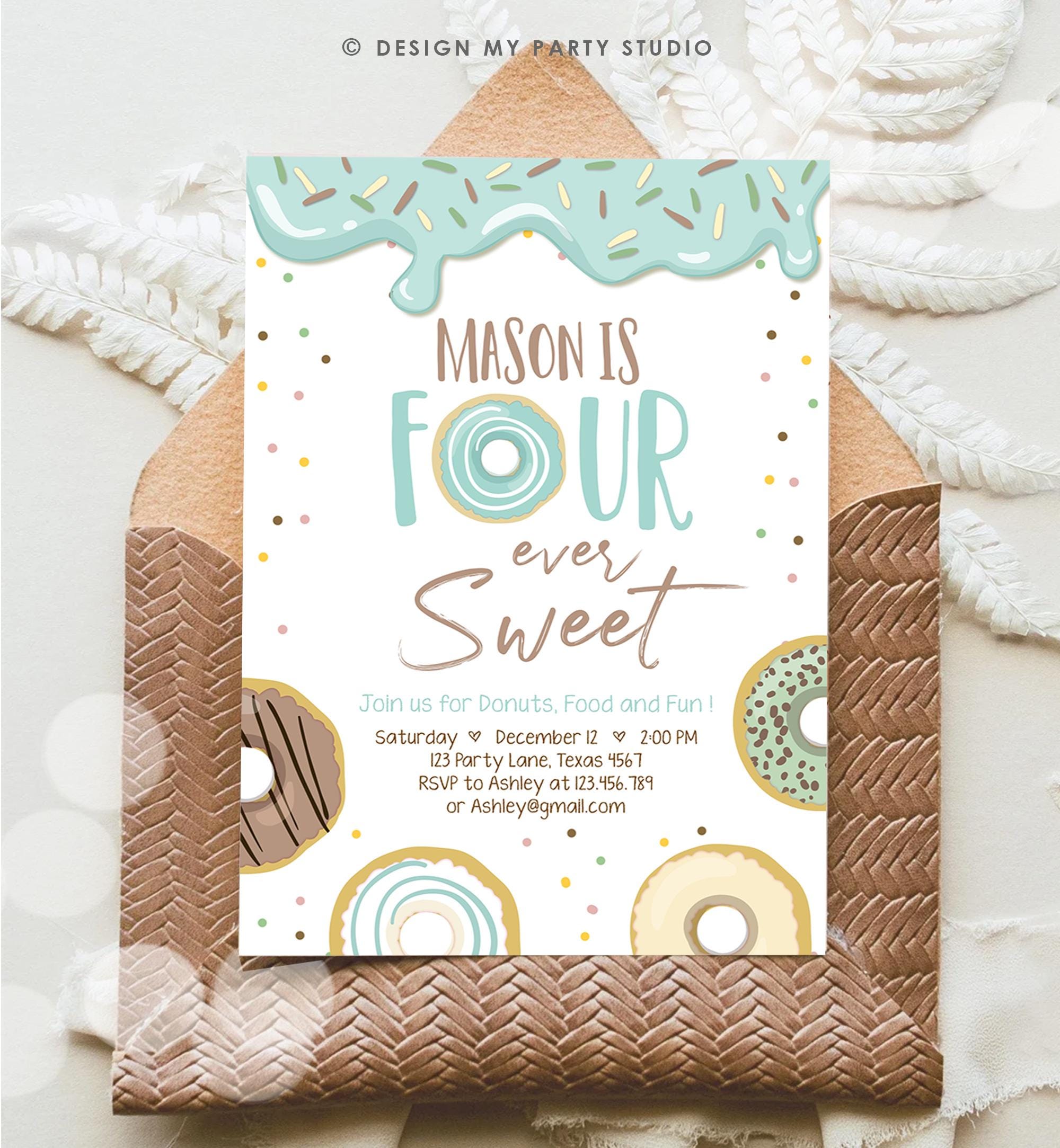 Editable Donut Four Ever Sweet Birthday Invitation 4th Birthday Party Blue Boy Doughnut Four Digital Download Evite Template Printable 0320