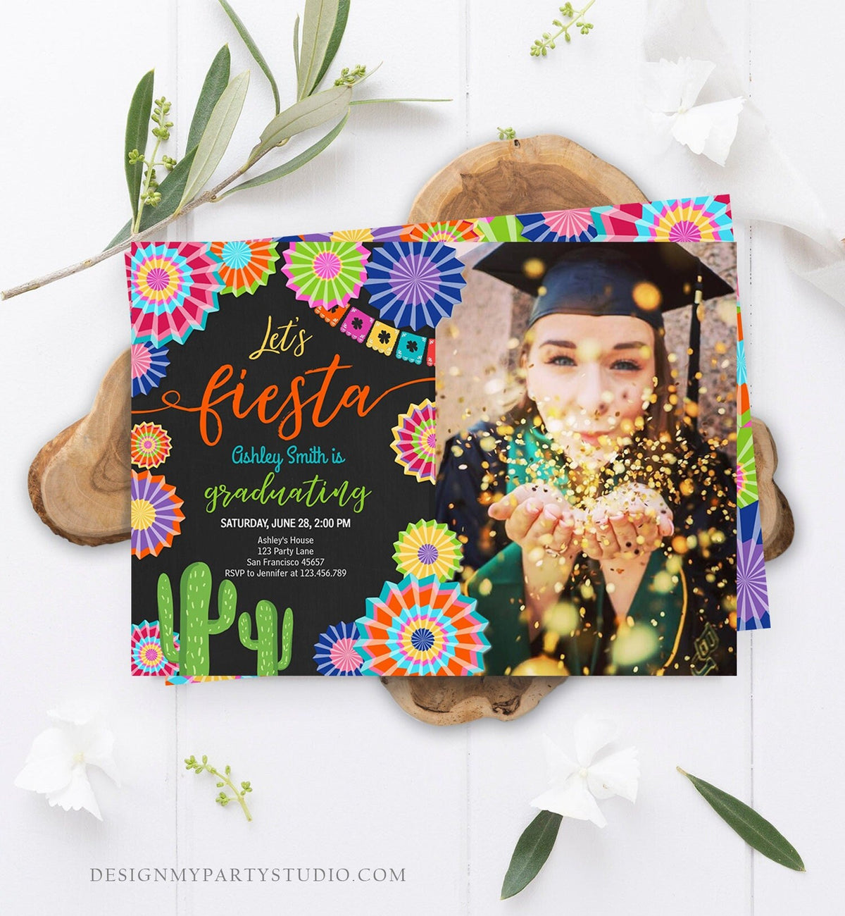 Editable Let&#39;s Fiesta Graduation Party Invitation Cactus Mexican Taco Bout Grad High School College Digital Download Template Printable 0236