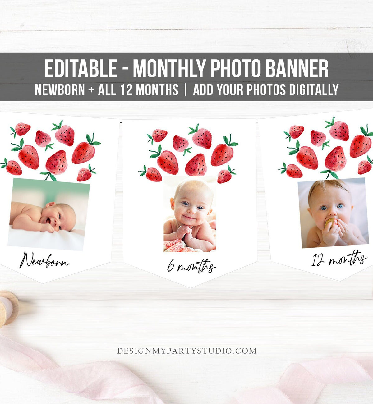 Editable Strawberry First Birthday Monthly Photo Banner Strawberry Birthday Farmers Market Fruit Digital Download Template Printable 0399