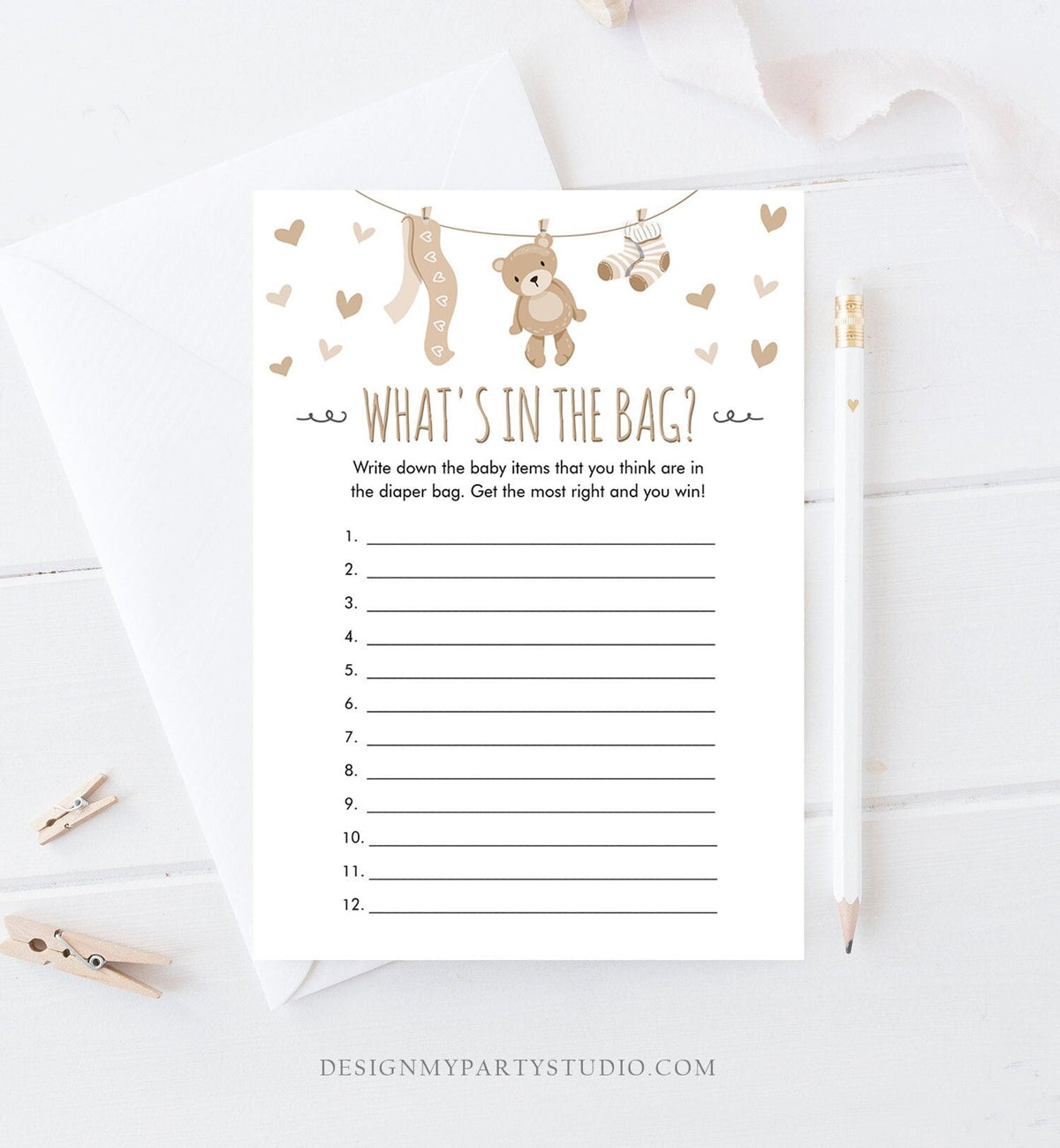 Editable What&#39;s in the Bag Baby Shower Game Teddy Bear Neutral Diaper Bag Guessing Shower Activity Digital Download Template Printable 0025