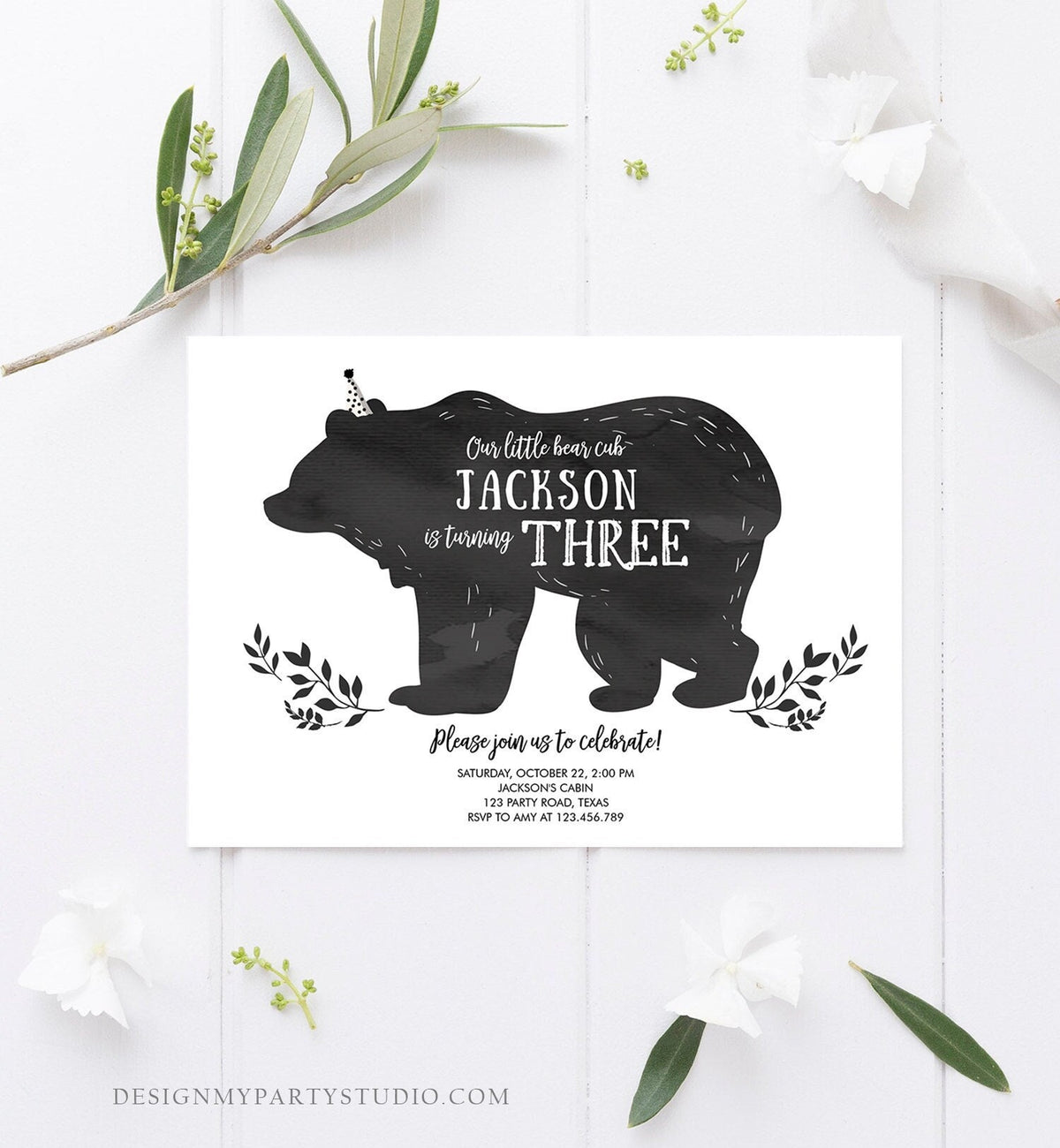 Editable Bear Cub Birthday Invitation Boy Bear Invitation Little Cub Woodland Bear Party Modern Digital Download Template Printable 0267