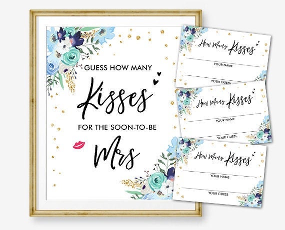 Guess How Many Kisses Bridal Shower Game Wedding Shower Activity Floral Blue Gold Are in The Jar Game Instant Download Printable 0030