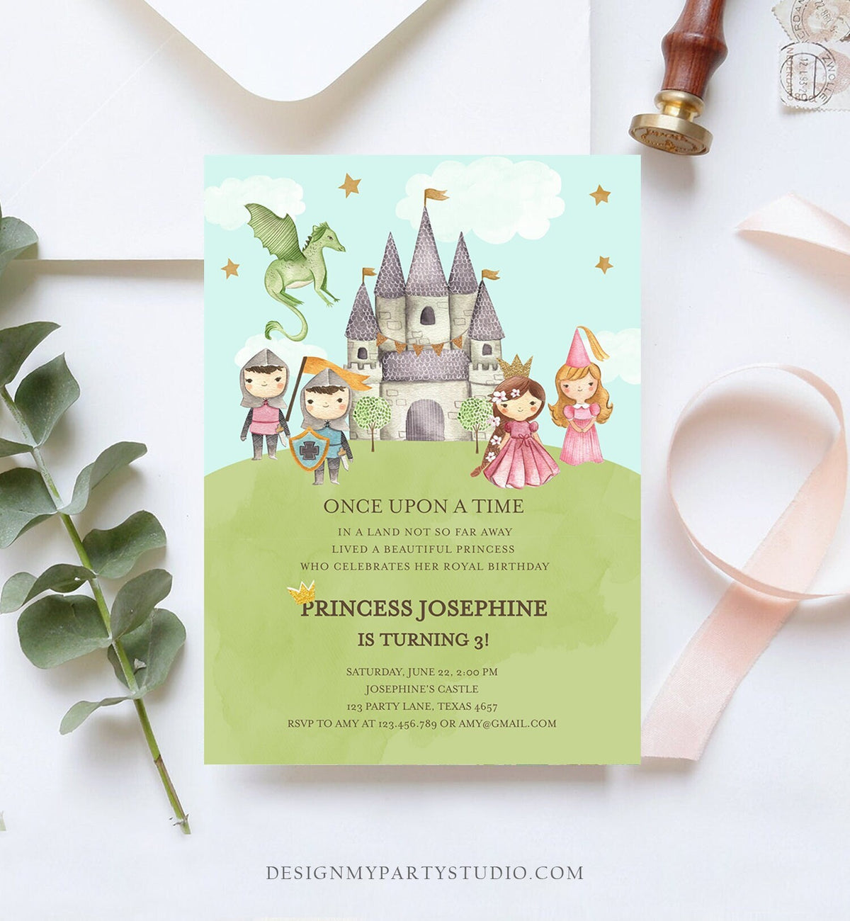 Editable Princess and Knight Birthday Invitation Once Upon a Time Princess Royal Birthday Girl Pink Castle Digital Template Printable 0171