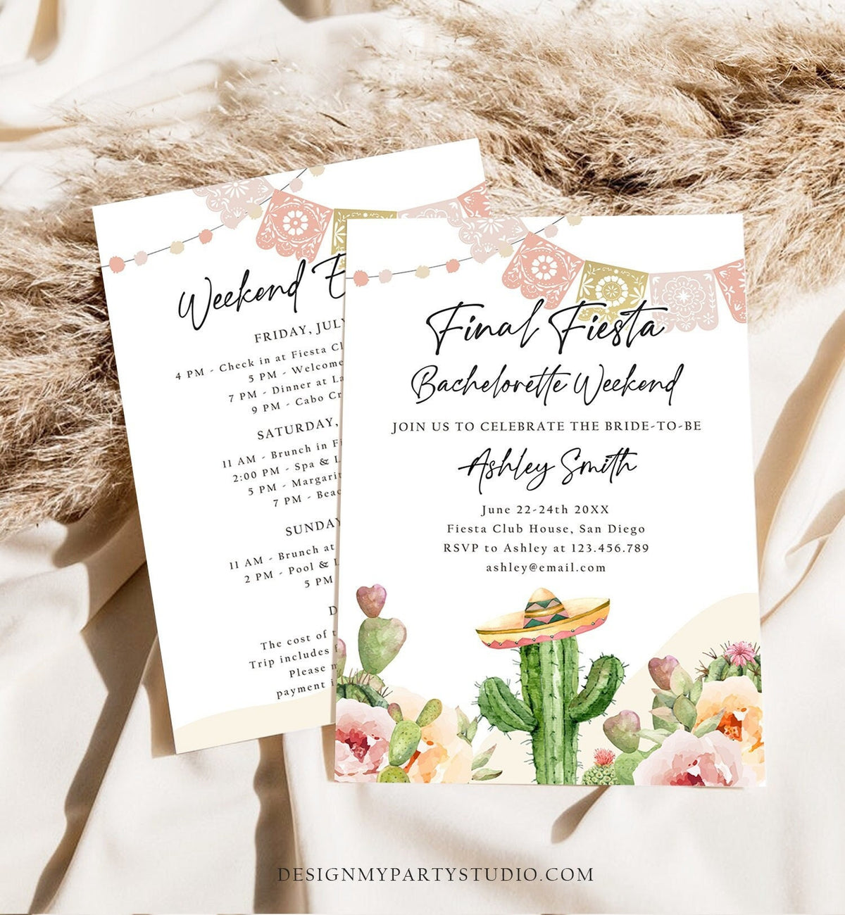 Editable Final Fiesta Bachelorette Weekend Engagement Invitation Bridal Shower Watercolor Cactus Succulent Digital Template Printable 0419