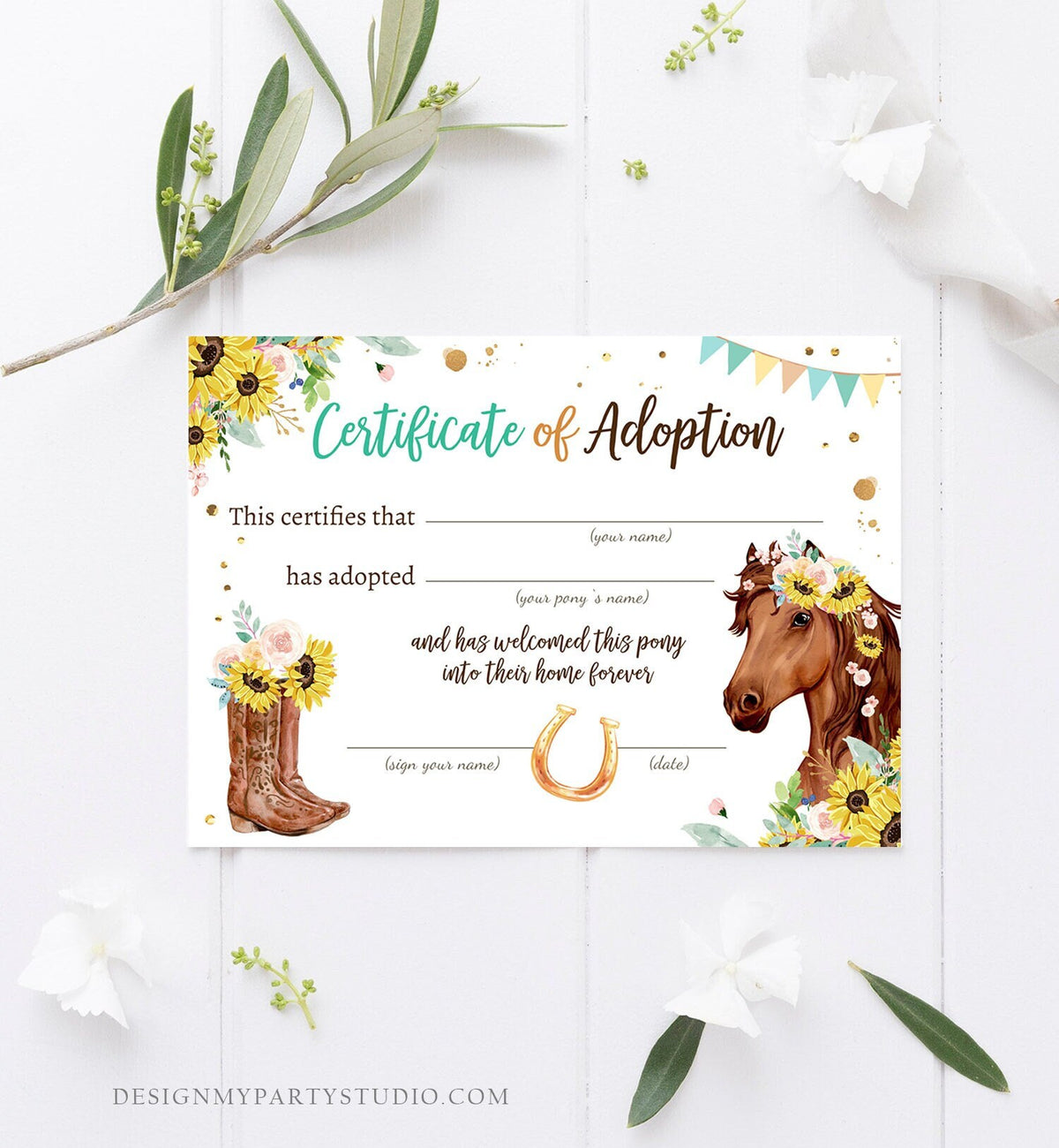 Adopt a Pony Adoption Certificate Horse Adoption Horse Birthday Party Pony Sunflowers Girl Horseback Riding Download Digital Printable 0408