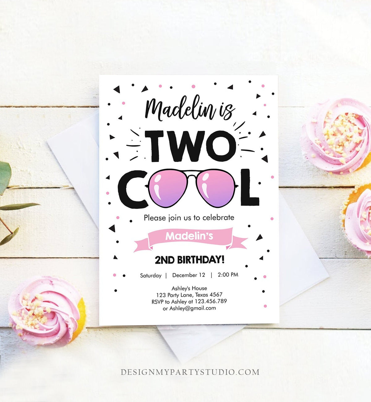 Editable Two Cool Birthday Invitation Girl Second Birthday Party 2nd I&#39;m this Many I&#39;m Two Cool Sunglasses Digital Template Printable 0136