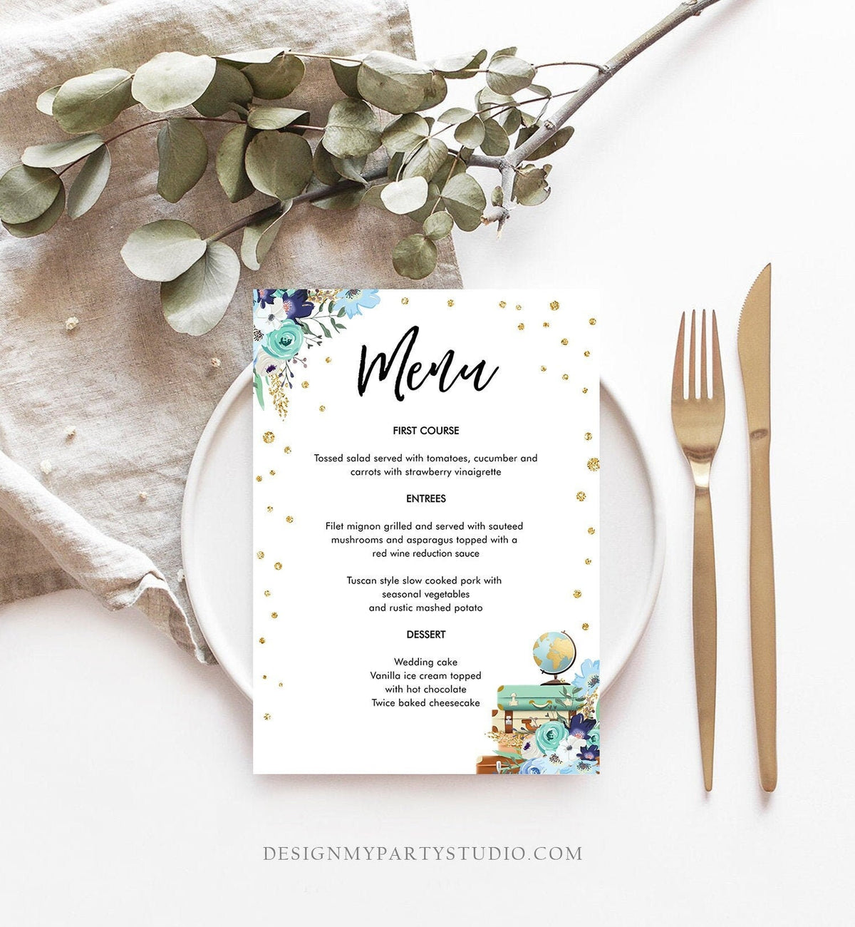 Editable Travel Menu Card Bridal Shower Pink Floral Gold Confetti Baby Shower Suitcases Adventure Digital Download Template Printable 0030