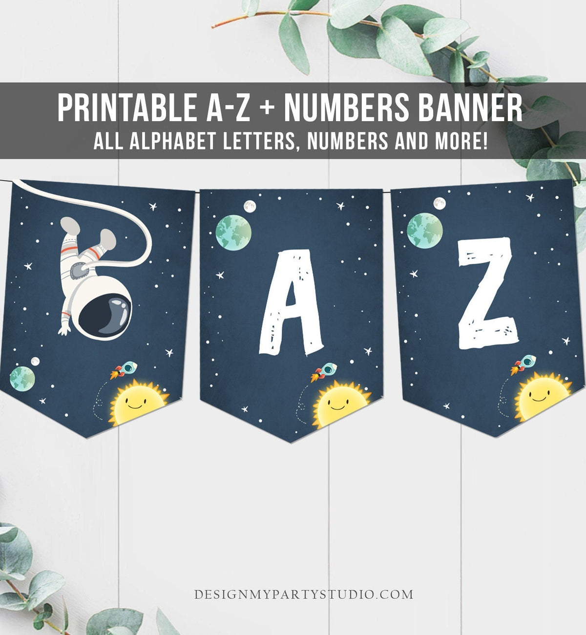 Space Alphabet Banner Letters A to Z Numbers Space Birthday Banner Boy Blue Galaxy Party Decor DIY Baby Shower Banner Digital Printable 0046