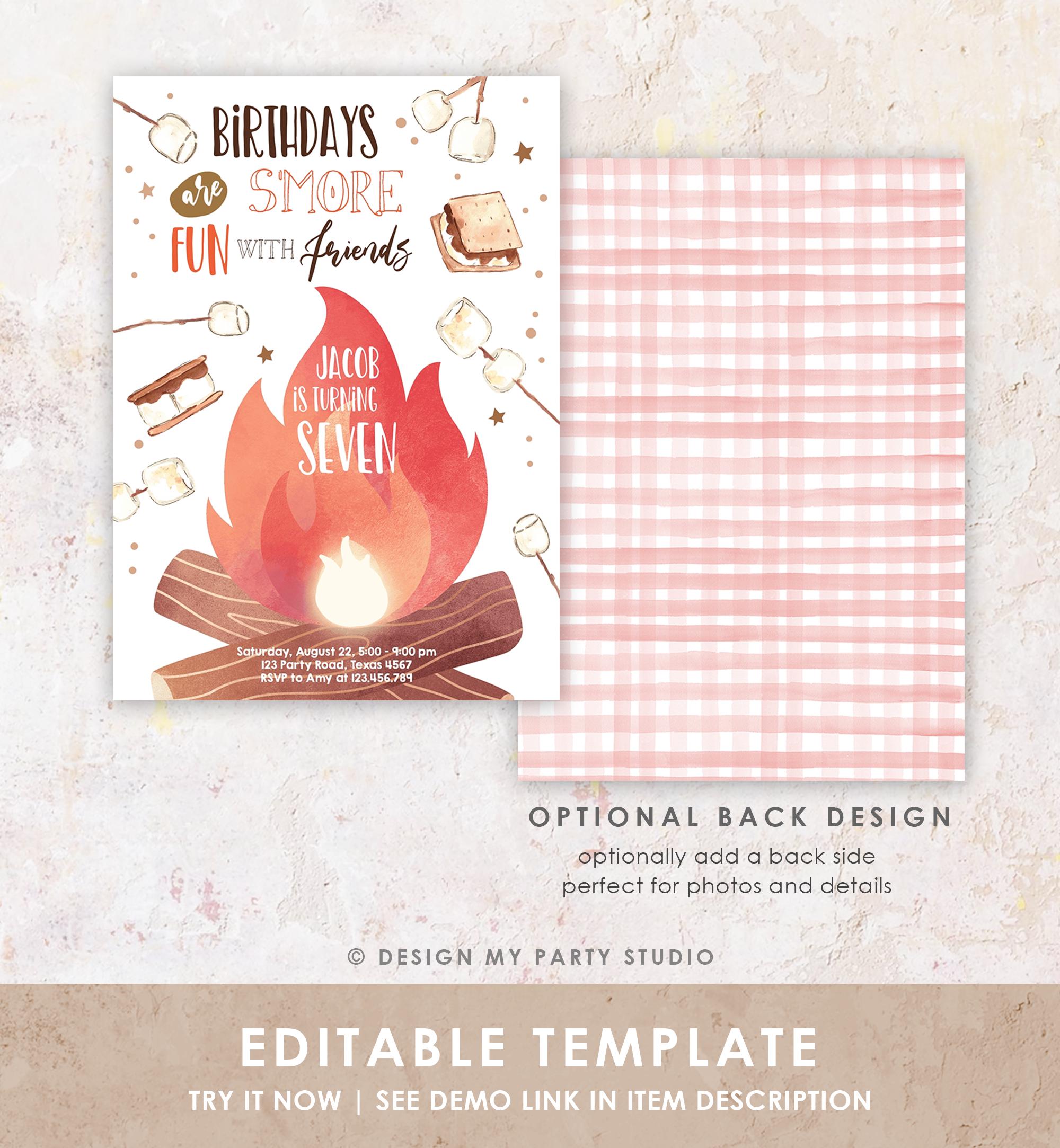 Editable S'more Birthday Invitation Bonfire Glamping Camping Smore Fun with Friends Outdoor Digital Download Template Printable 0179