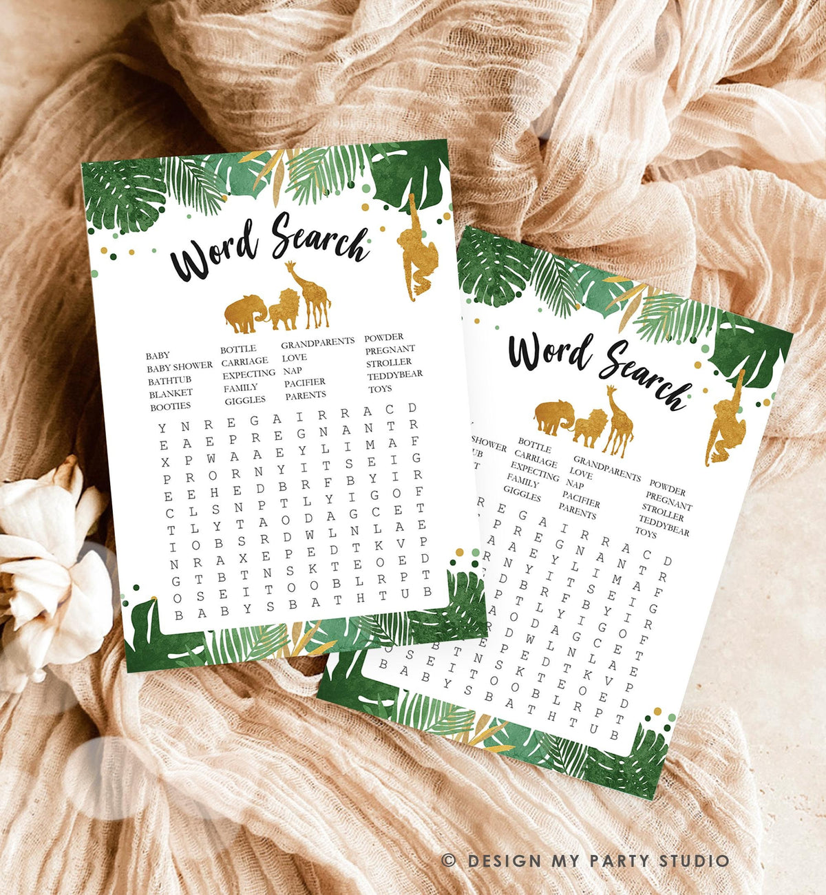 Safari Baby Shower Game Word Search Game Cards Wild One Jungle Baby Shower Activity Black and Gold Animals Instant Download Printable 0016