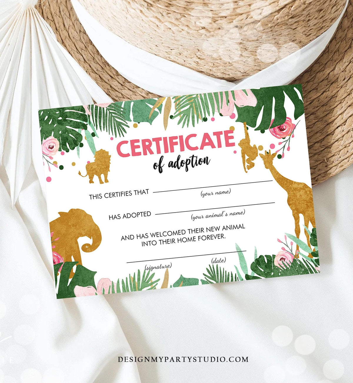 Adopt an Animal Adoption Certificate Safari Adoption Wild One Birthday Girl Pink Gold Party Animal Instant Download Digital Printable 0016