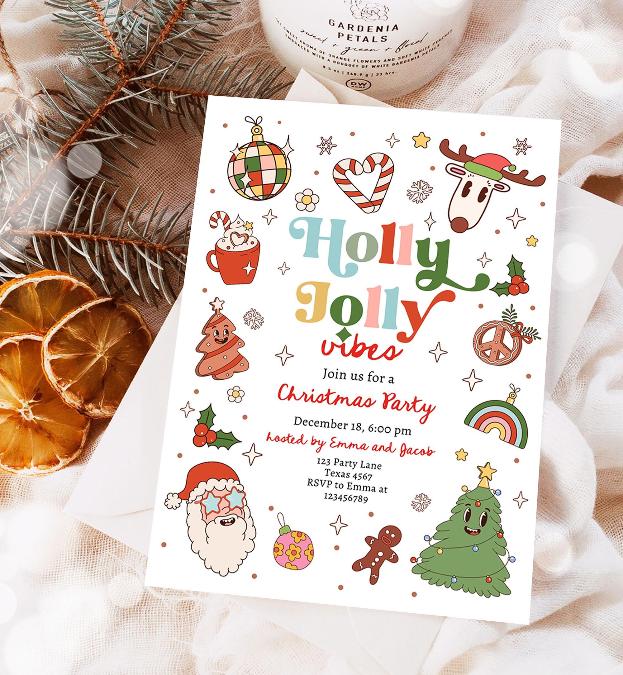 Editable Groovy Christmas Party Invitation Holiday Party Holly Jolly Retro Christmas Santa Party Evite Template Download Printable 0522