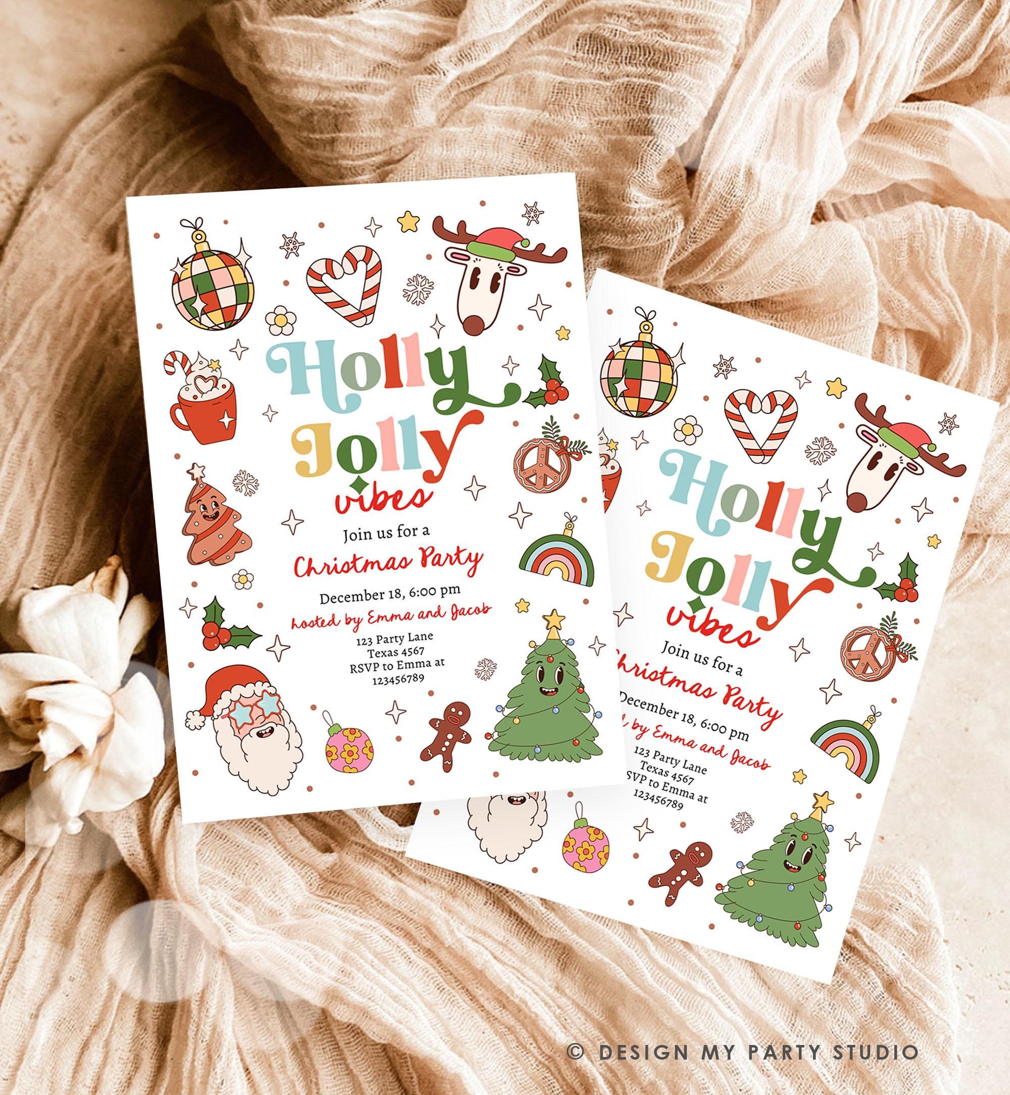 Editable Groovy Christmas Party Invitation Holiday Party Holly Jolly Retro Christmas Santa Party Evite Template Download Printable 0522