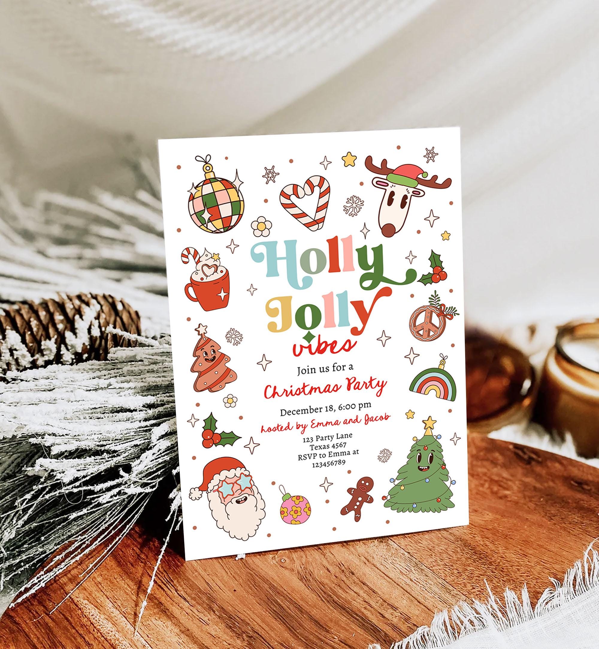 Editable Groovy Christmas Party Invitation Holiday Party Holly Jolly Retro Christmas Santa Party Evite Template Download Printable 0522