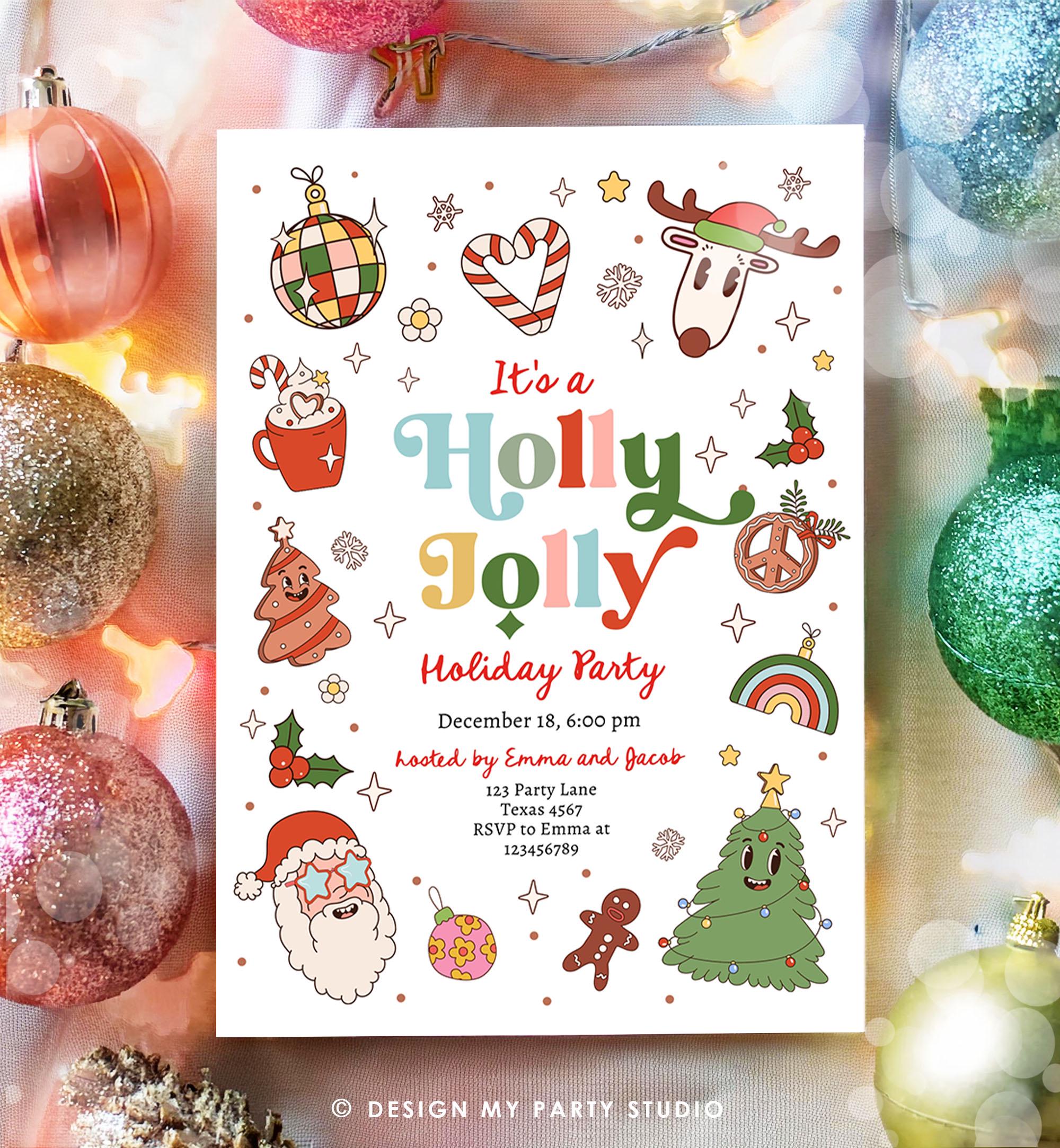 Editable Holly Jolly Christmas Party Invitation Holiday Party Retro Groovy Christmas Santa Party Evite Template Download Printable 0522