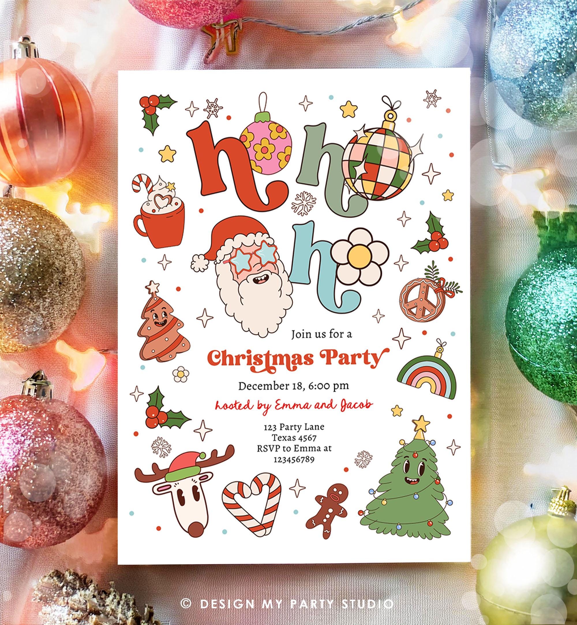 Editable Groovy Christmas Party Invitation Holiday Party Santa Party Office School Retro Christmas Evite Template Download Printable 0522