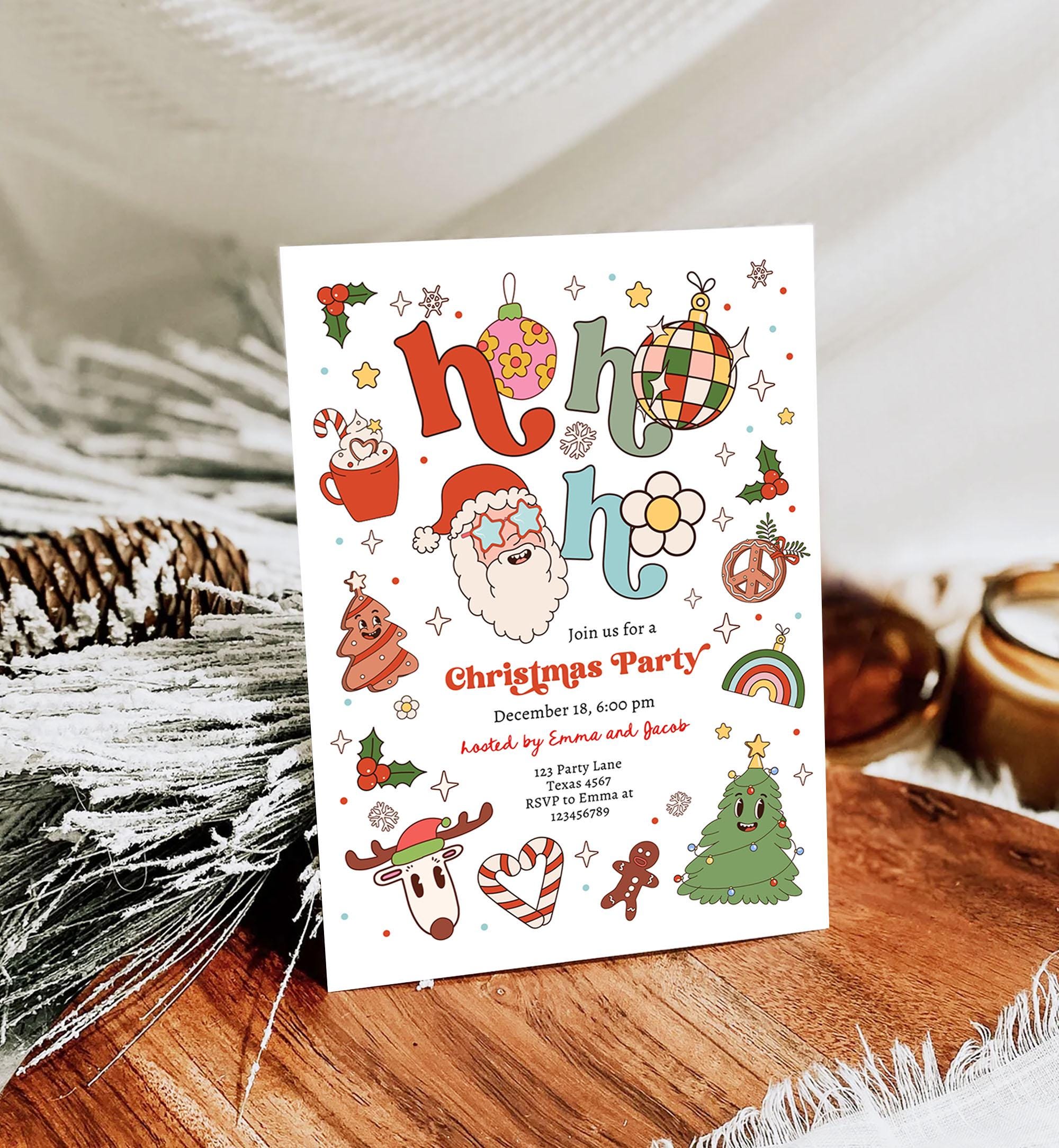 Editable Groovy Christmas Party Invitation Holiday Party Santa Party Office School Retro Christmas Evite Template Download Printable 0522