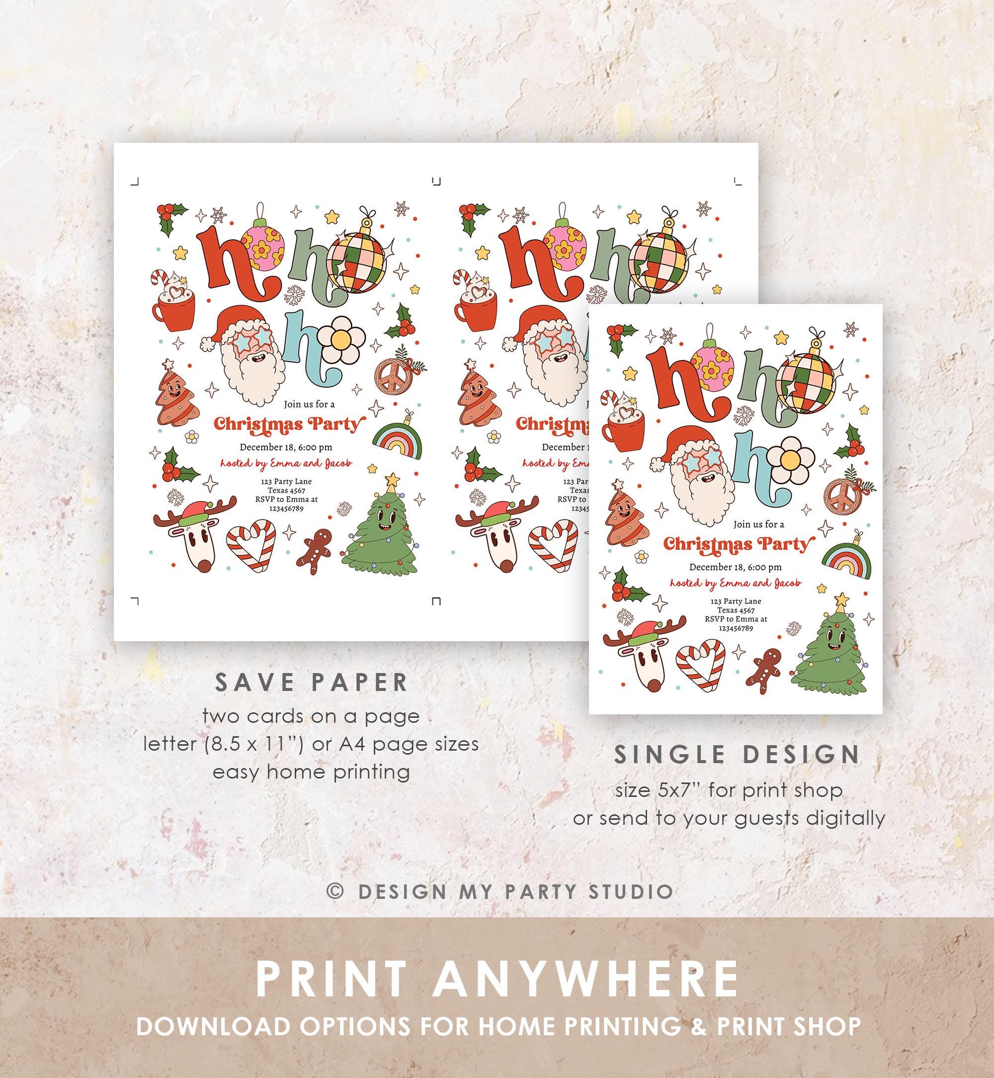 Editable Groovy Christmas Party Invitation Holiday Party Santa Party Office School Retro Christmas Evite Template Download Printable 0522