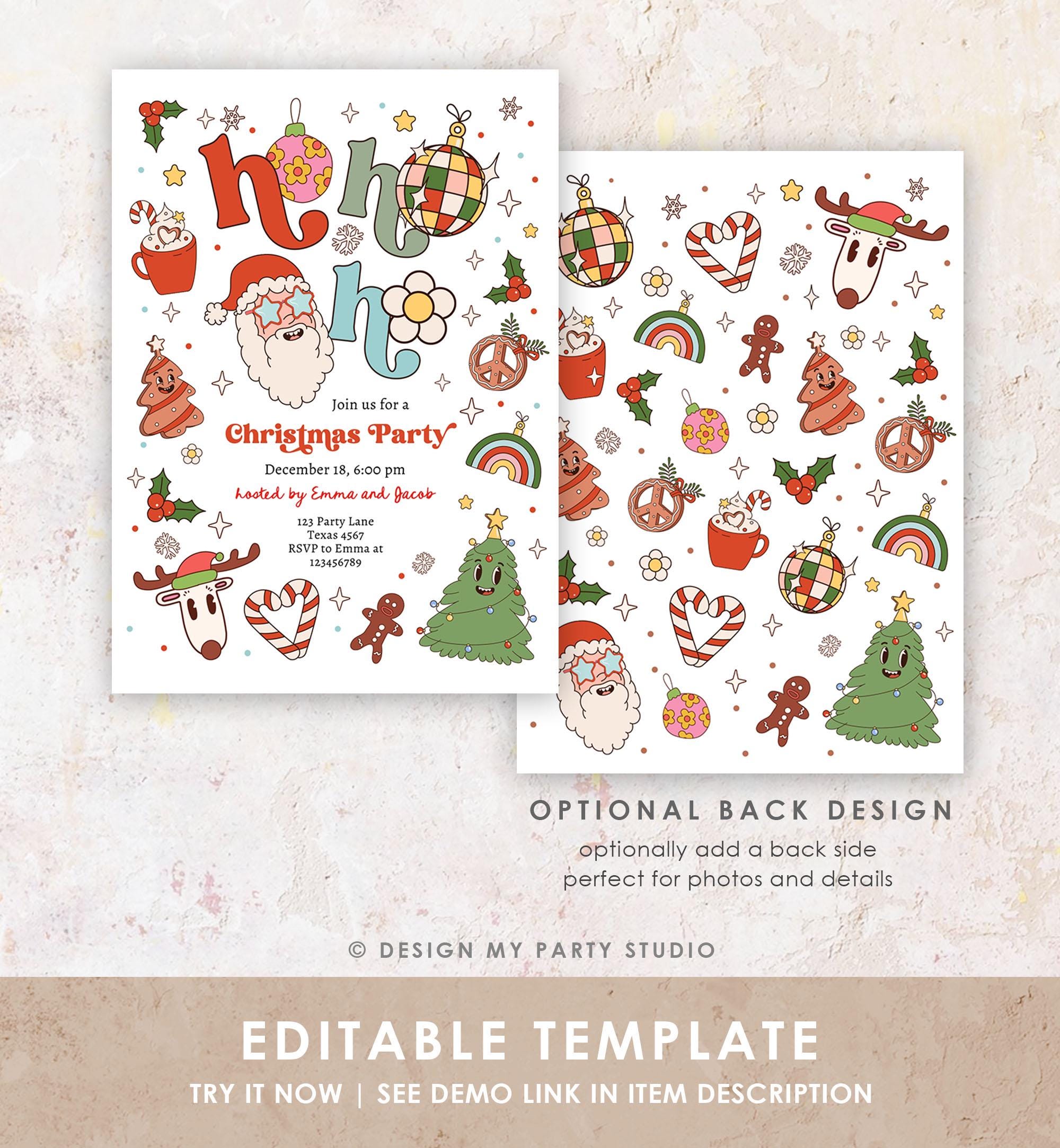 Editable Groovy Christmas Party Invitation Holiday Party Santa Party Office School Retro Christmas Evite Template Download Printable 0522