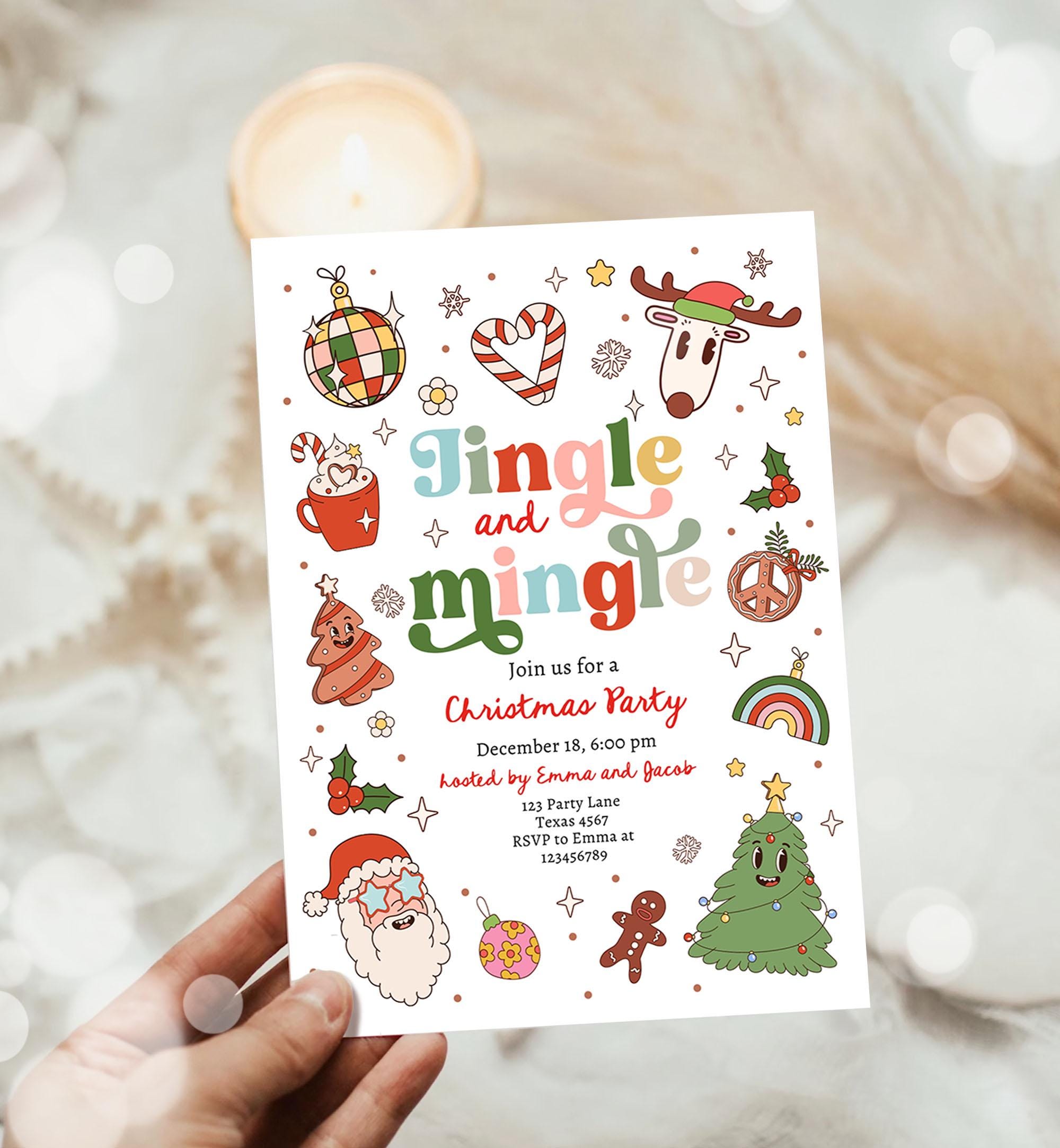 Editable Groovy Jingle and Mingle Christmas Party Invitation Holiday Party Santa Party Office School Retro Christmas Download Printable 0522