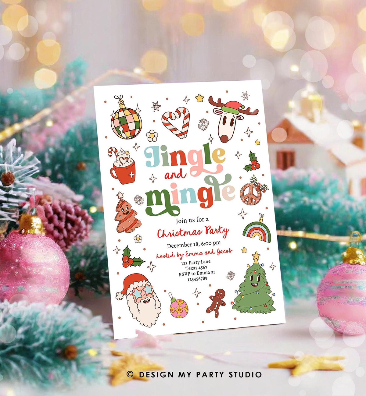 Editable Groovy Jingle and Mingle Christmas Party Invitation Holiday Party Santa Party Office School Retro Christmas Download Printable 0522