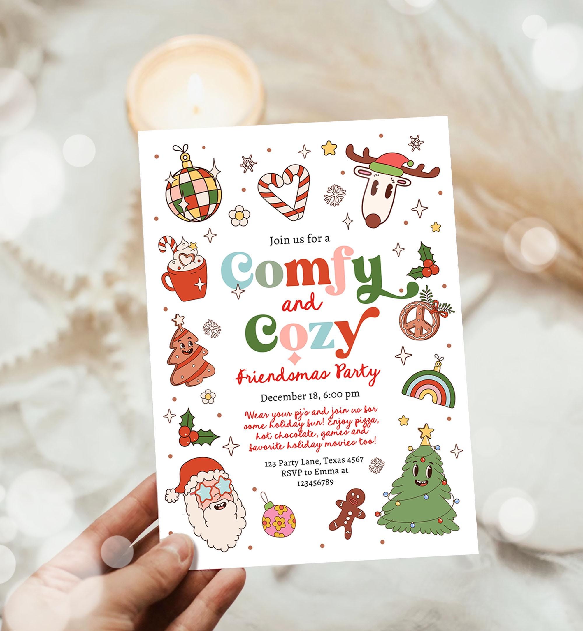 Editable Comfy and Cozy Christmas Party Invitation Groovy Retro Friendsmas Invite Holiday Party Santa Party Digital Download Printable 0522