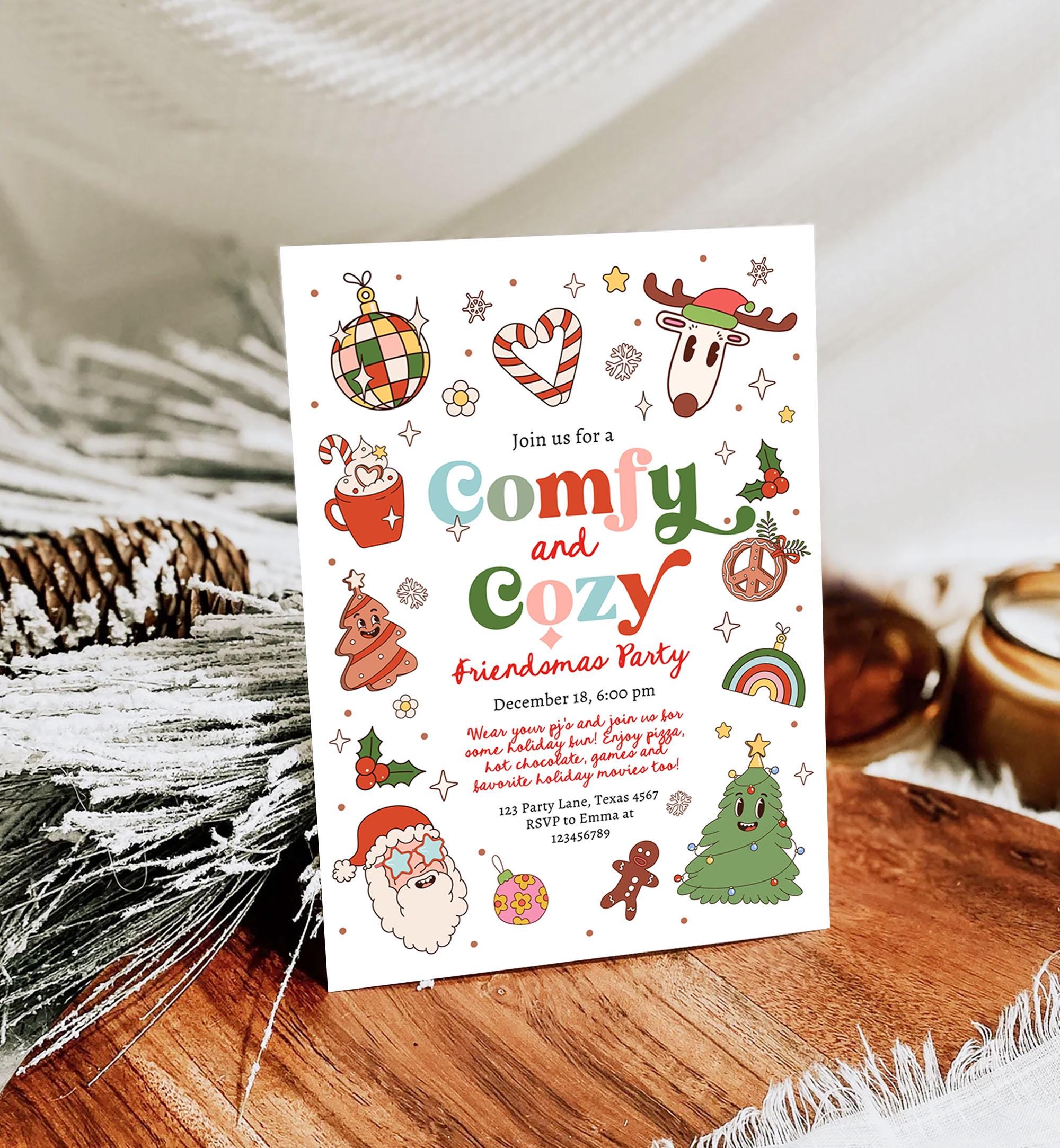 Editable Comfy and Cozy Christmas Party Invitation Groovy Retro Friendsmas Invite Holiday Party Santa Party Digital Download Printable 0522