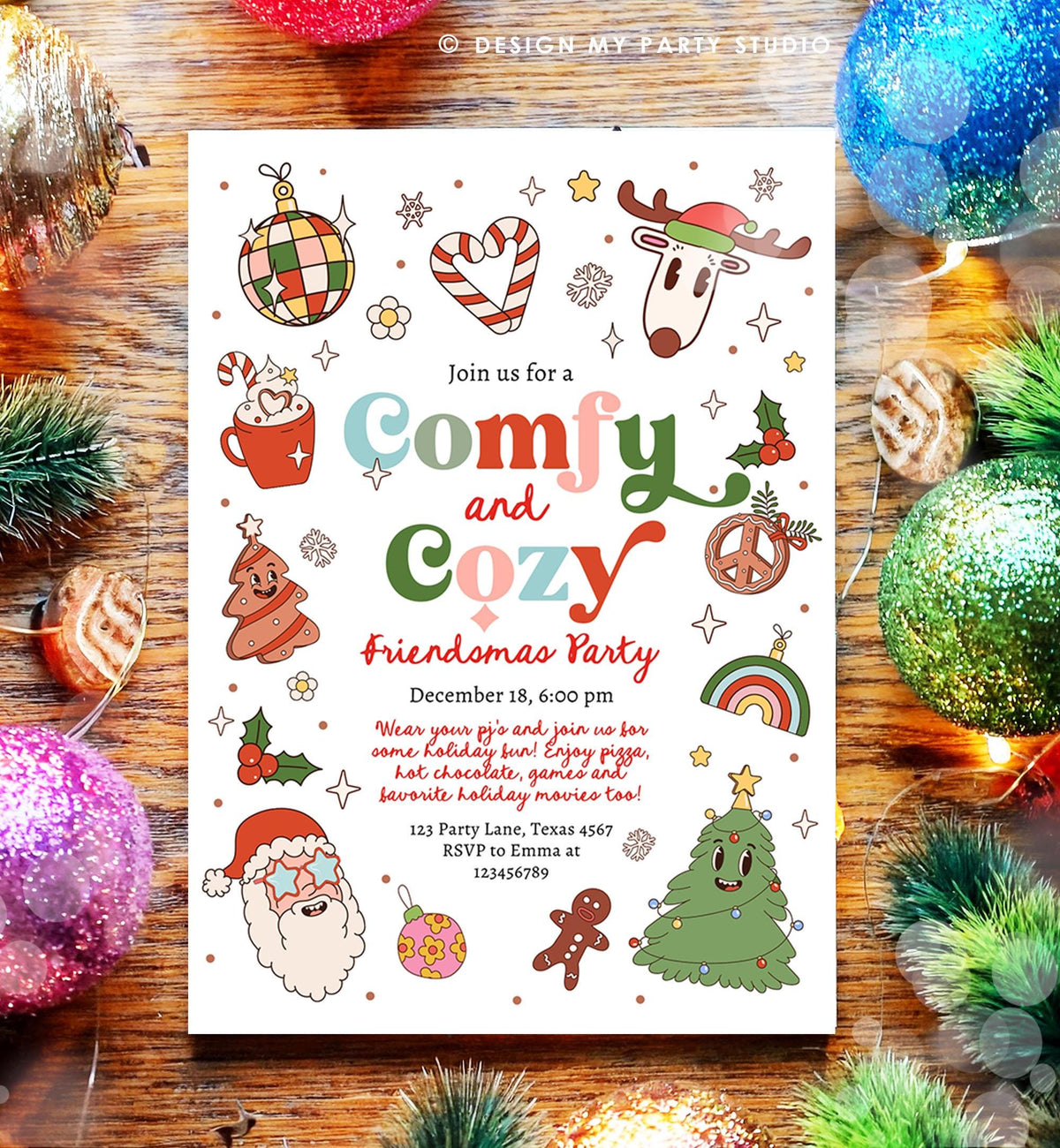 Editable Comfy and Cozy Christmas Party Invitation Groovy Retro Friendsmas Invite Holiday Party Santa Party Digital Download Printable 0522