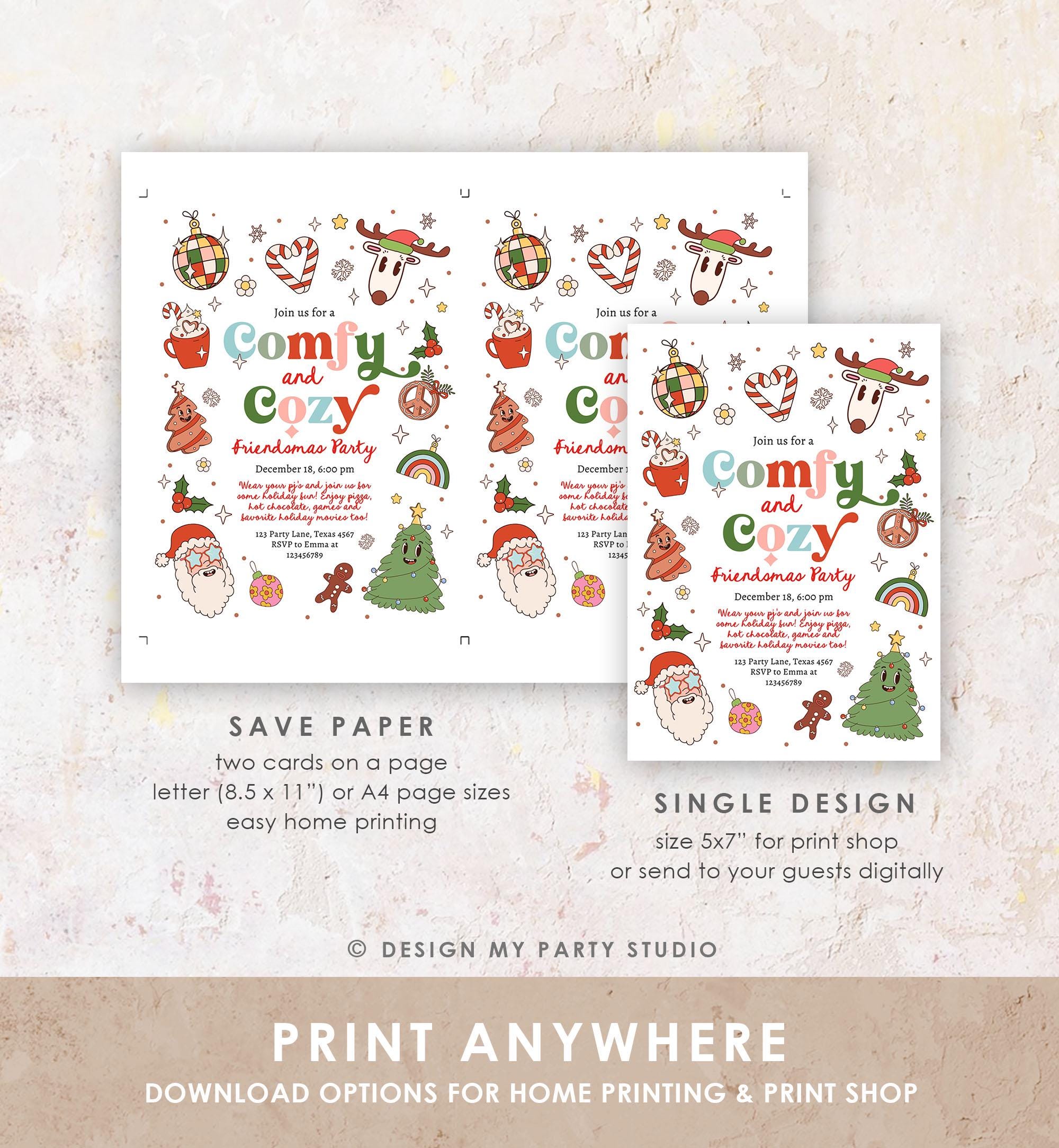 Editable Comfy and Cozy Christmas Party Invitation Groovy Retro Friendsmas Invite Holiday Party Santa Party Digital Download Printable 0522