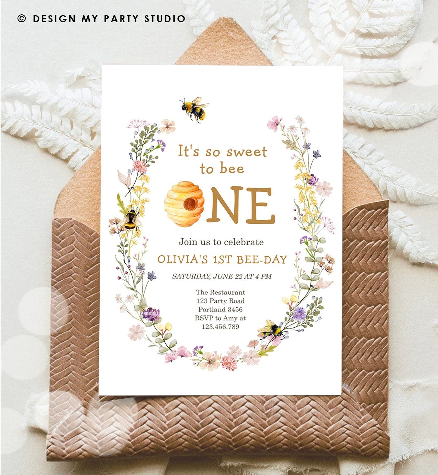 Editable Sweet to Bee One Invitation First Bee-Day Party 1st Bee Day Honey Girl First Birthday Bumble Bee Invitation Digital Corjl 0502